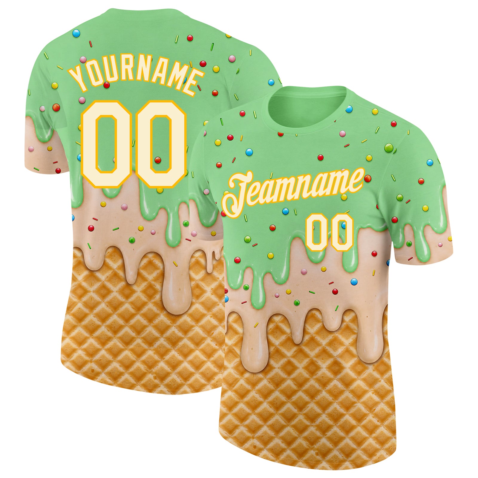 Custom Pea Green Cream-Gold Ice Cream Waffle Foodie Dessert Performance T-Shirt