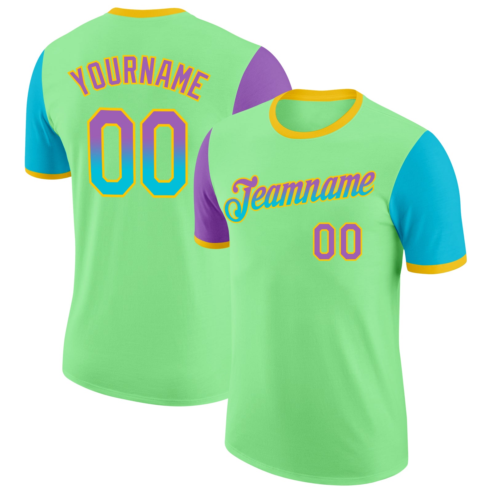Custom Pea Green Medium Purple Lakes Blue-Yellow Gradient Two Tone Performance T-Shirt