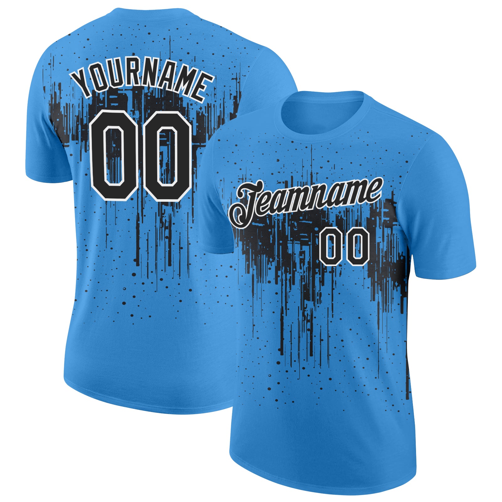 Custom Powder Blue Black-White Dripping Splatter Paint Performance T-Shirt