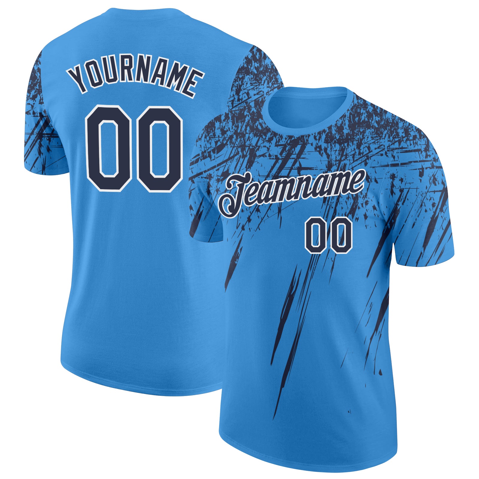 Custom Powder Blue Navy-White Distressed Scratch Brush Stroke Performance T-Shirt