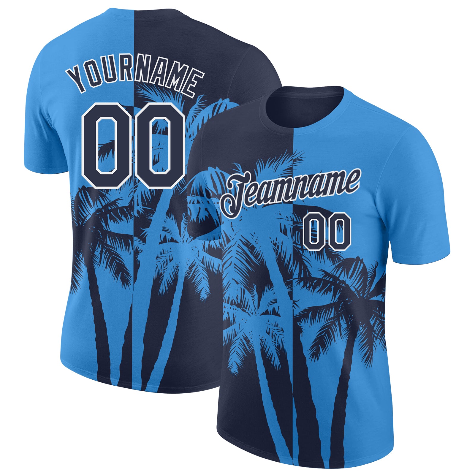 Custom Powder Blue Navy-White Hawaii Tropical Coastal Palm Trees Performance T-Shirt