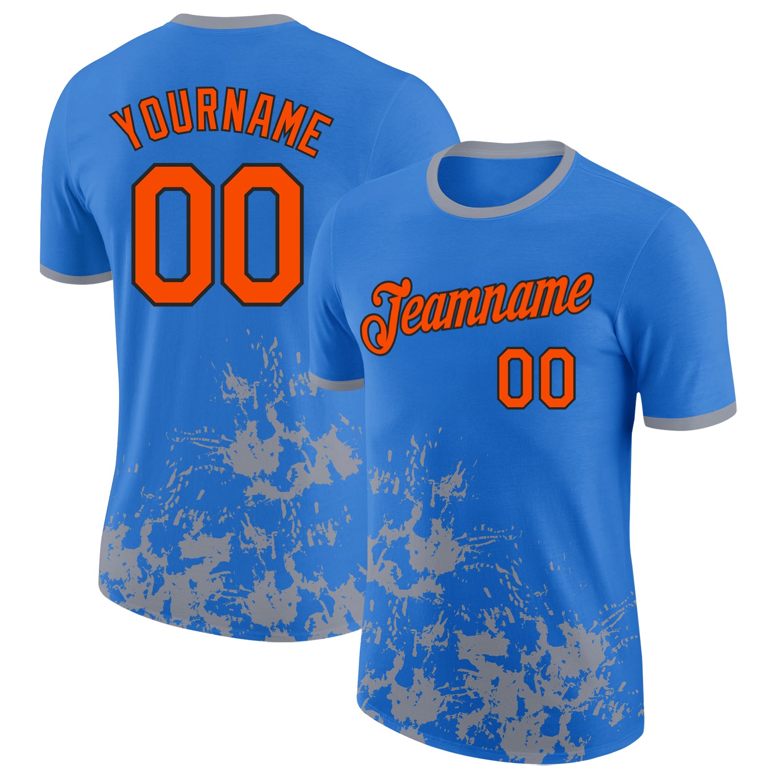 Custom Powder Blue Orange Gray-Black Brush Stroke Splatter Performance T-Shirt