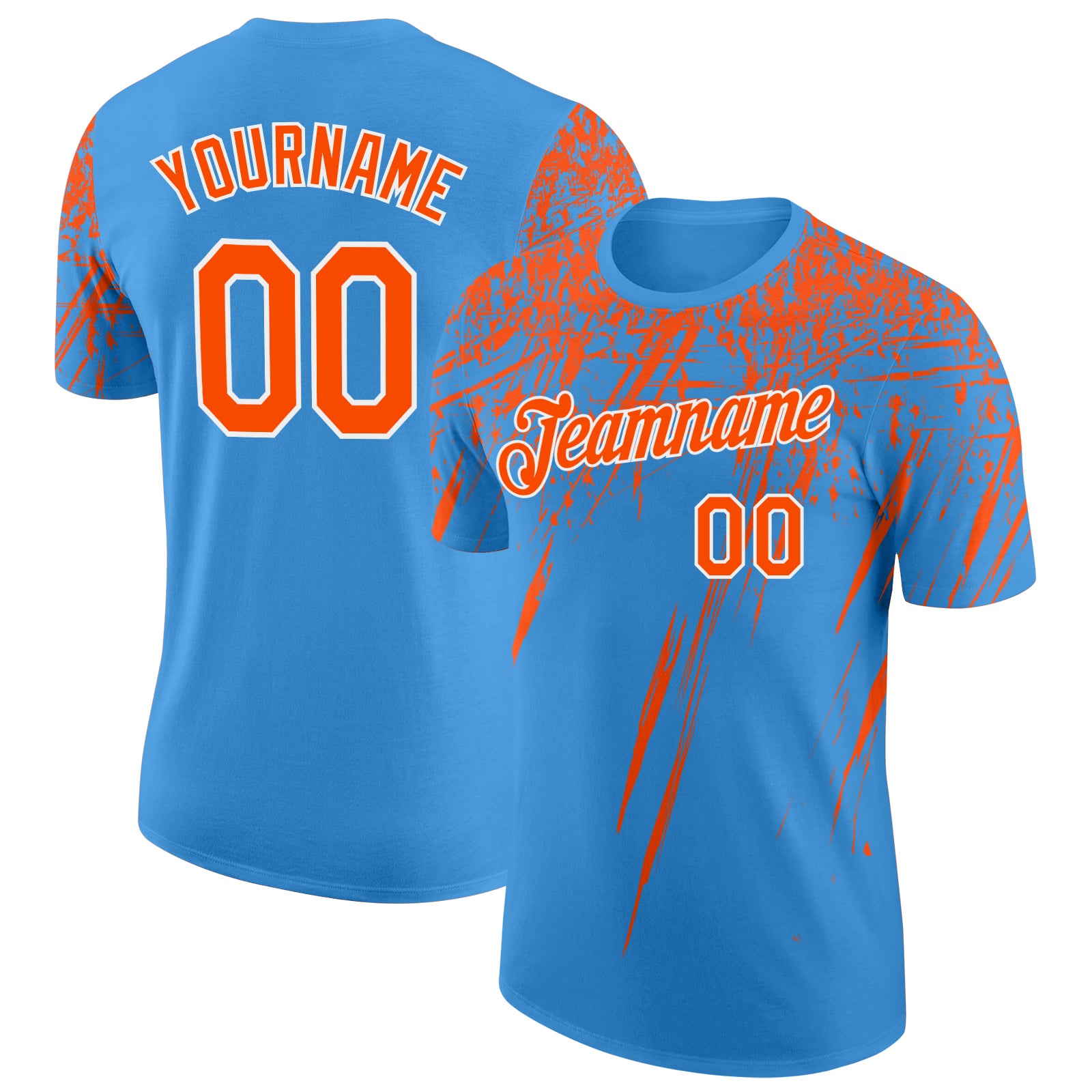 Custom Powder Blue Orange-White Distressed Scratch Brush Stroke Performance T-Shirt