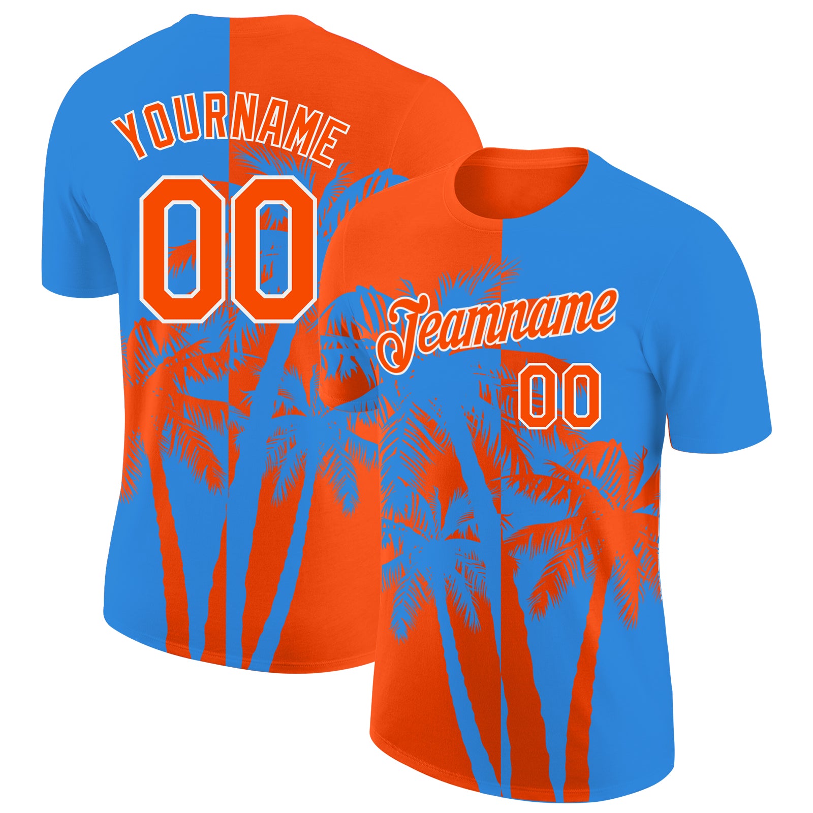 Custom Powder Blue Orange-White Hawaii Tropical Coastal Palm Trees Performance T-Shirt