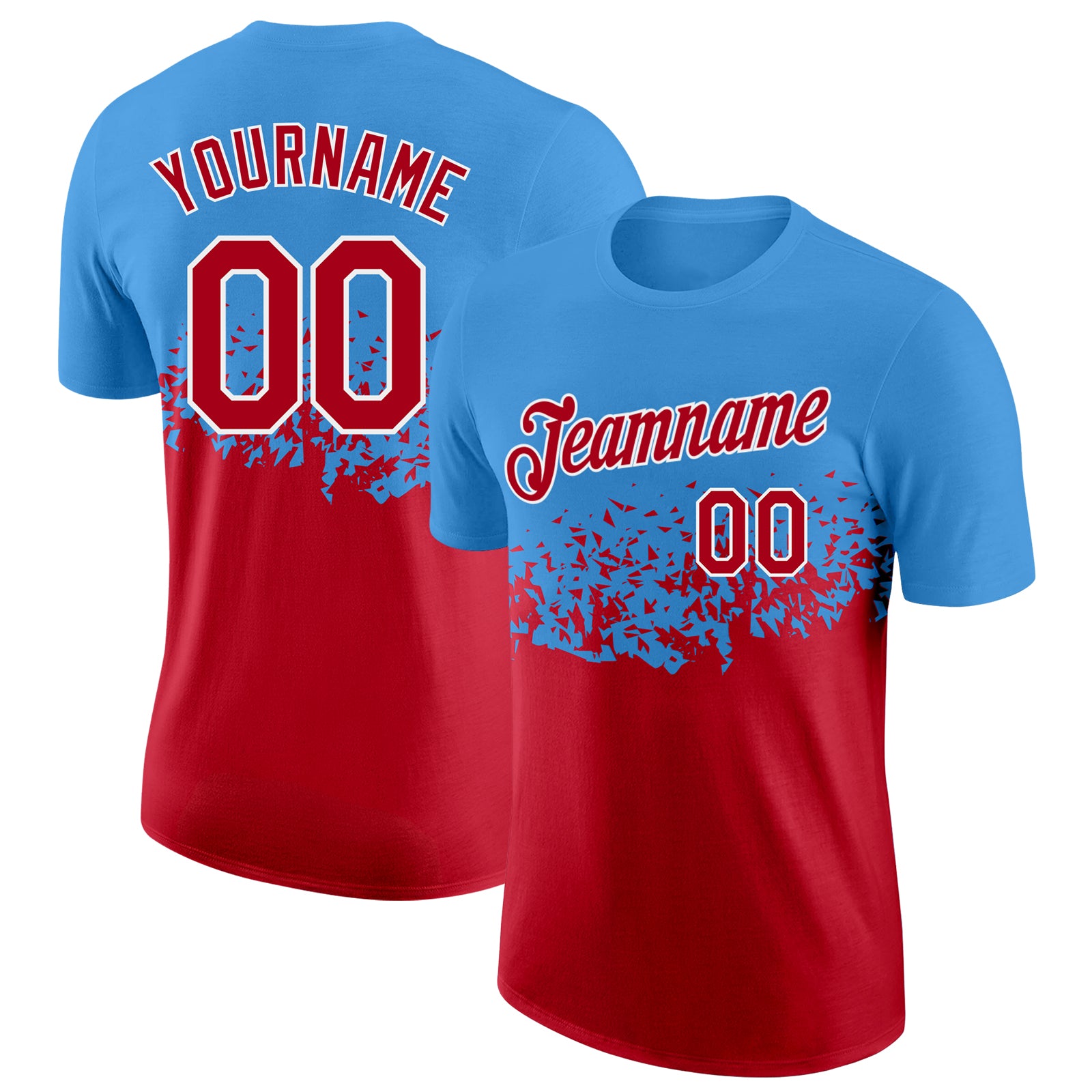 Custom Powder Blue Red-White Fade Geometric Splatter Fragmented Shards Performance T-Shirt