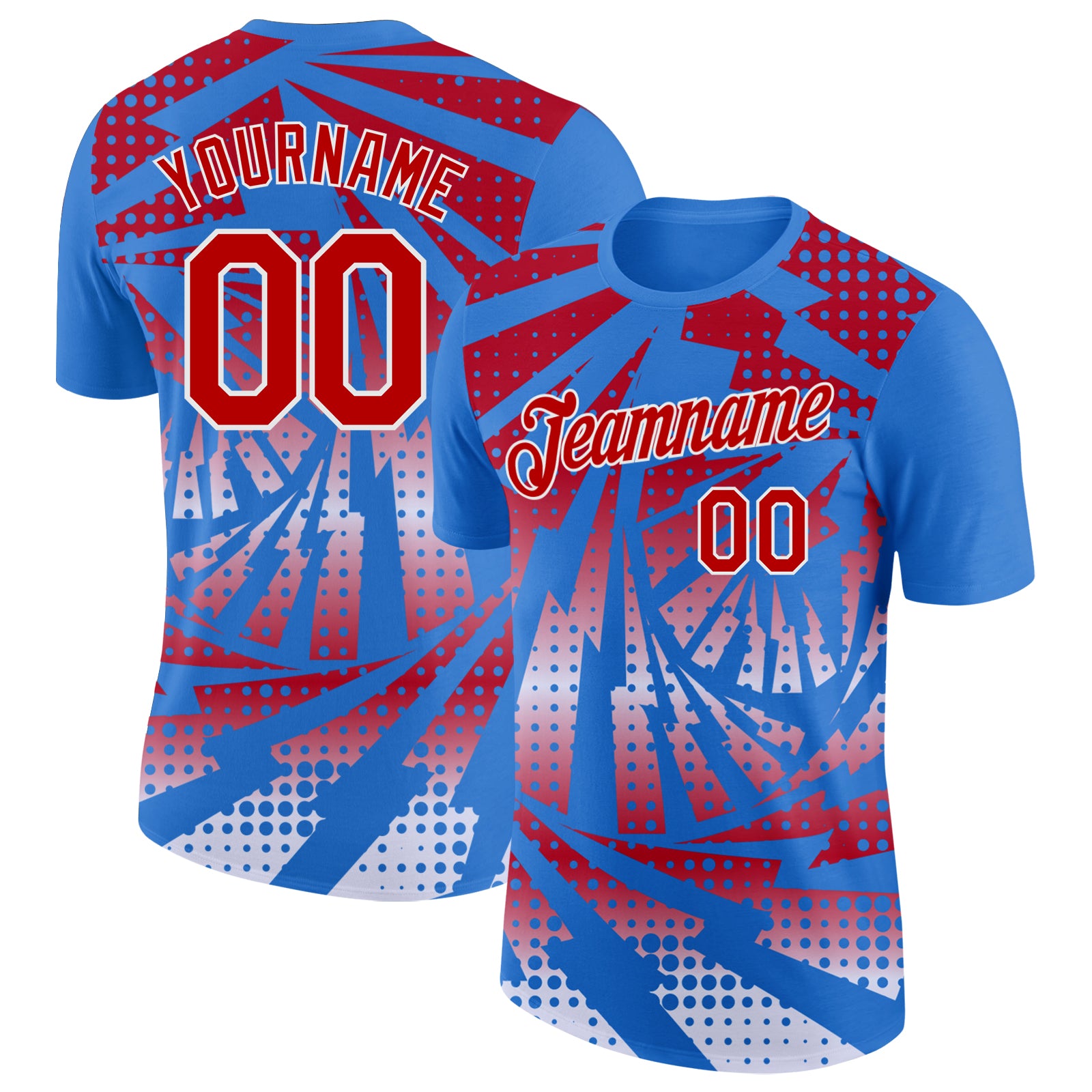 Custom Powder Blue Red-White Lightning Gradient Dot Performance T-Shirt