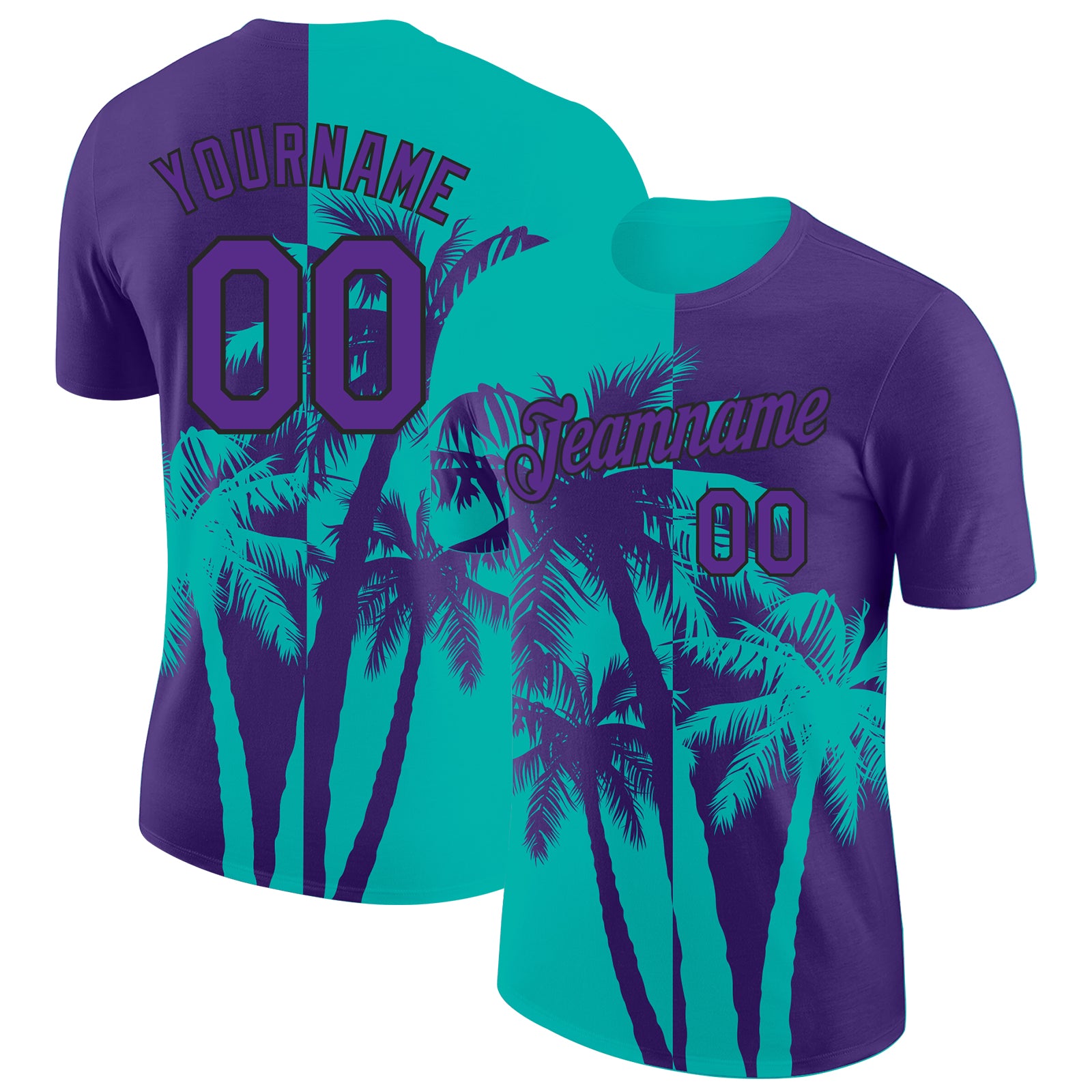 Custom Purple Aqua-Black Hawaii Tropical Coastal Palm Trees Performance T-Shirt