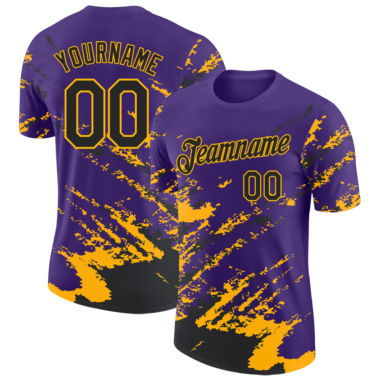 Custom Purple Black-Gold Brush Stroke Shatter Splatter Performance T-Shirt