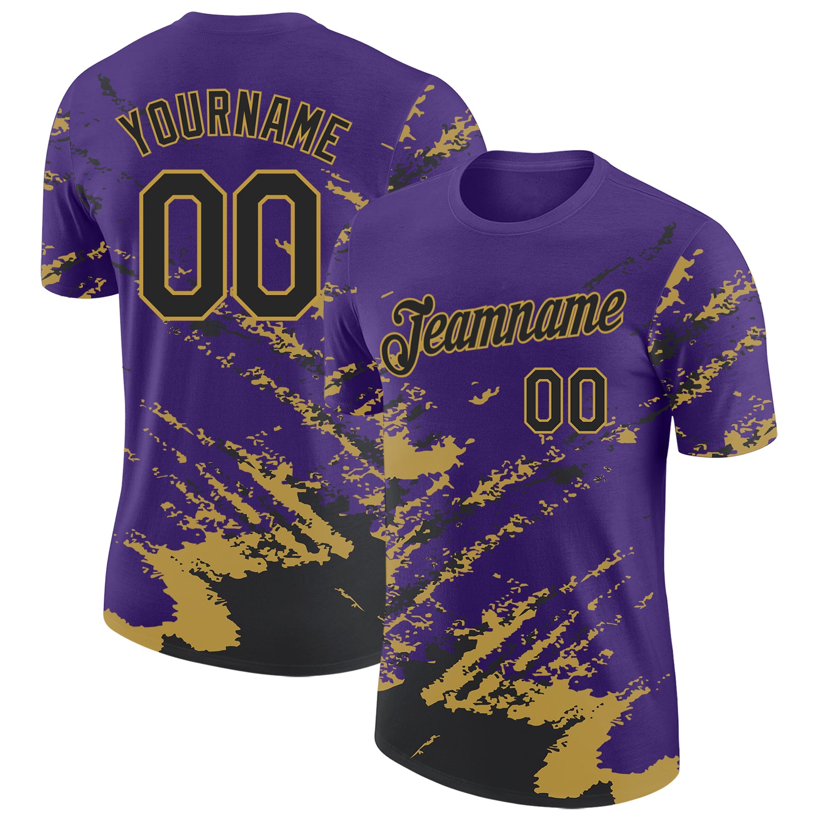 Custom Purple Black-Old Gold Brush Stroke Shatter Splatter Performance T-Shirt