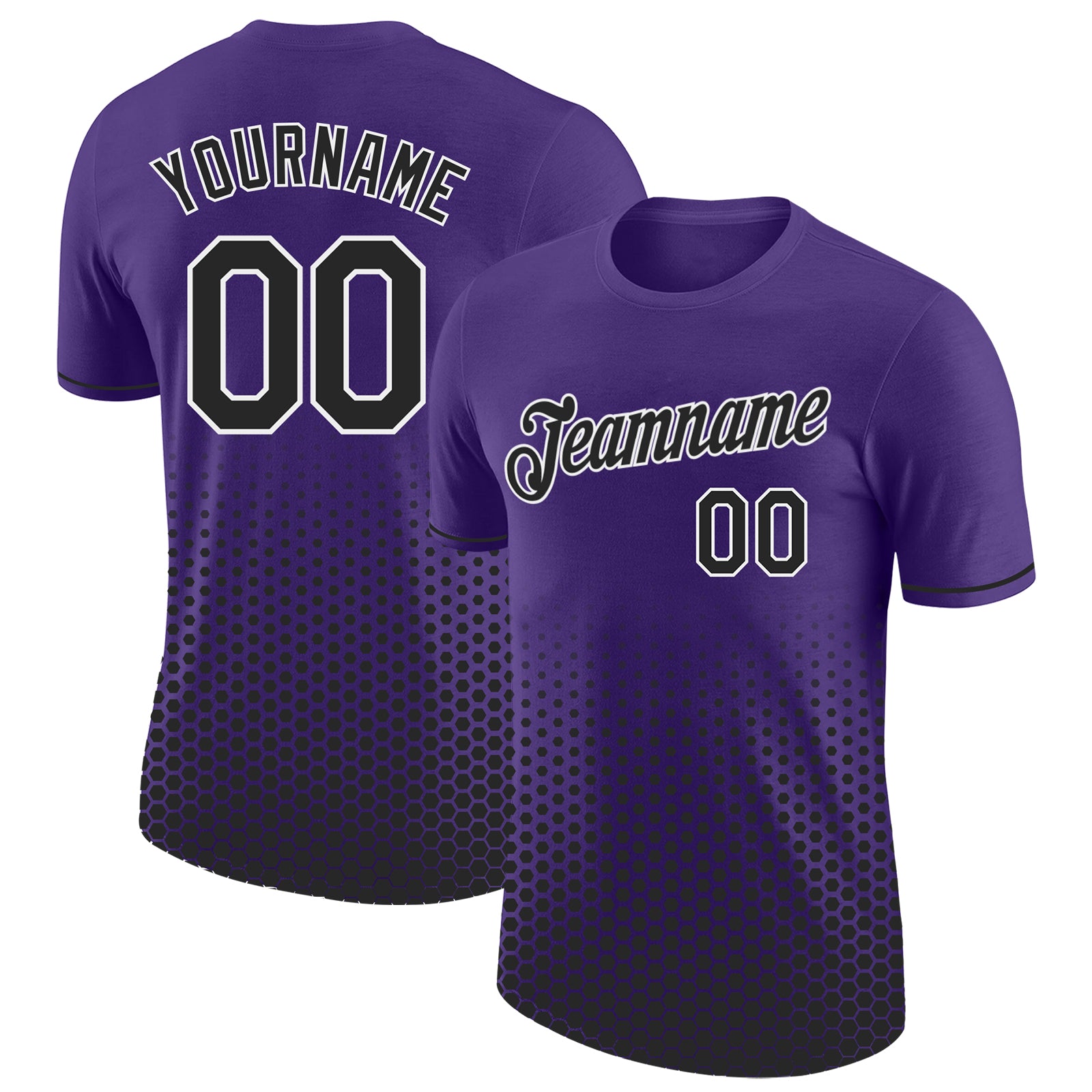 Custom Purple Black-White Geometric Hexagonal Dot Gradient Performance T-Shirt