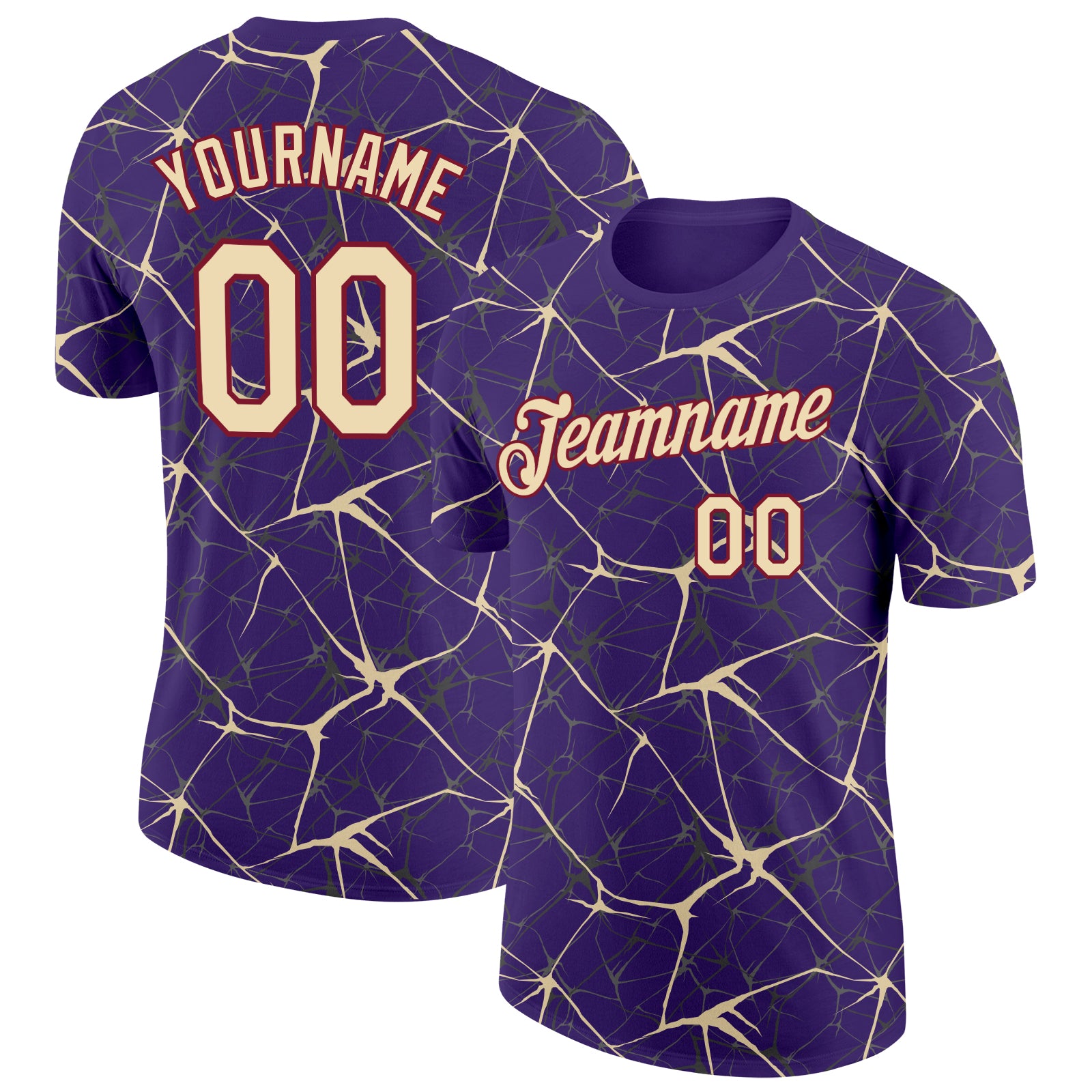 Custom Purple Cream Gray-Crimson Abstract Network Crackle Performance T-Shirt