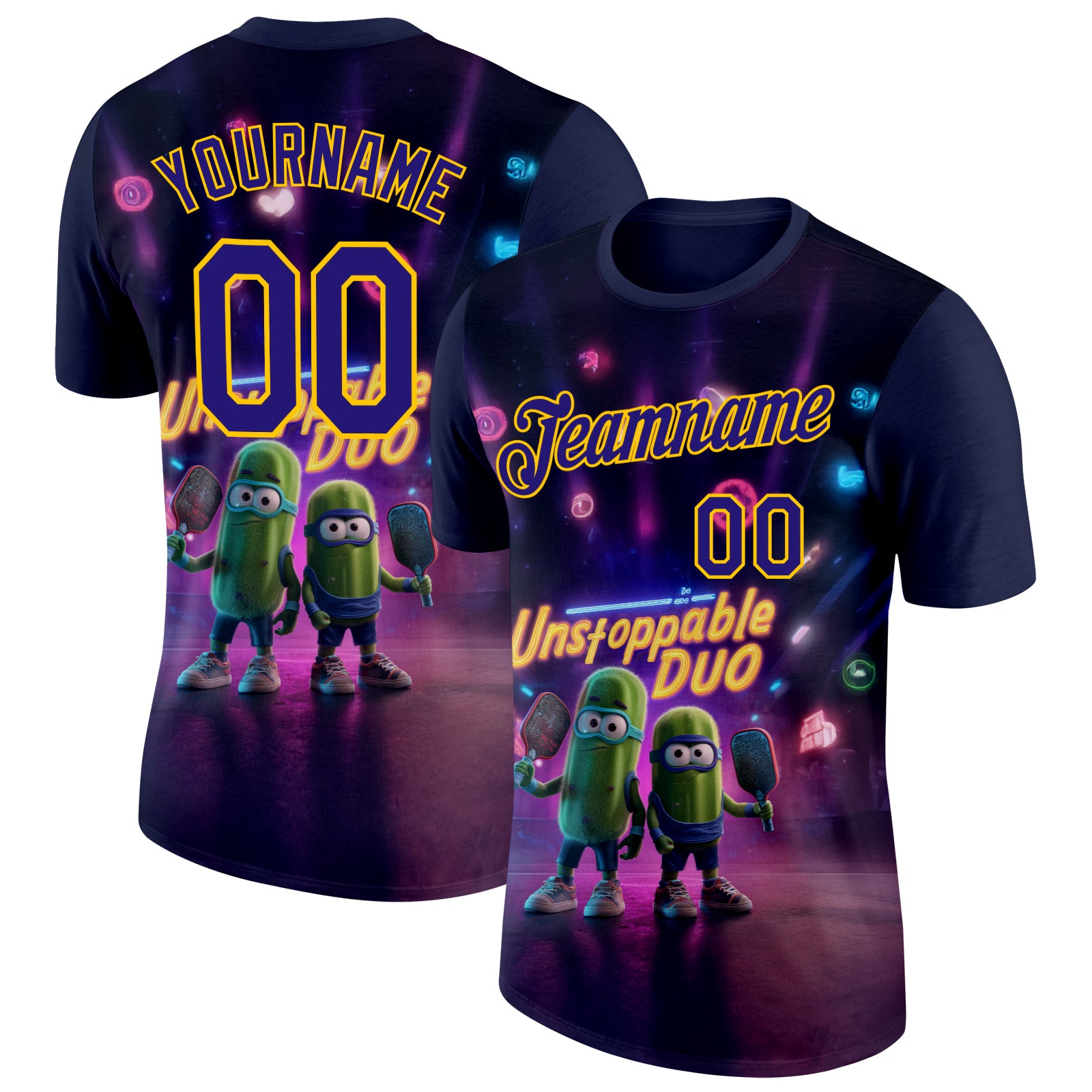 Custom Purple Dark Purple-Yellow 3D Funny Pickleball Paddles Balls Performance T-Shirt