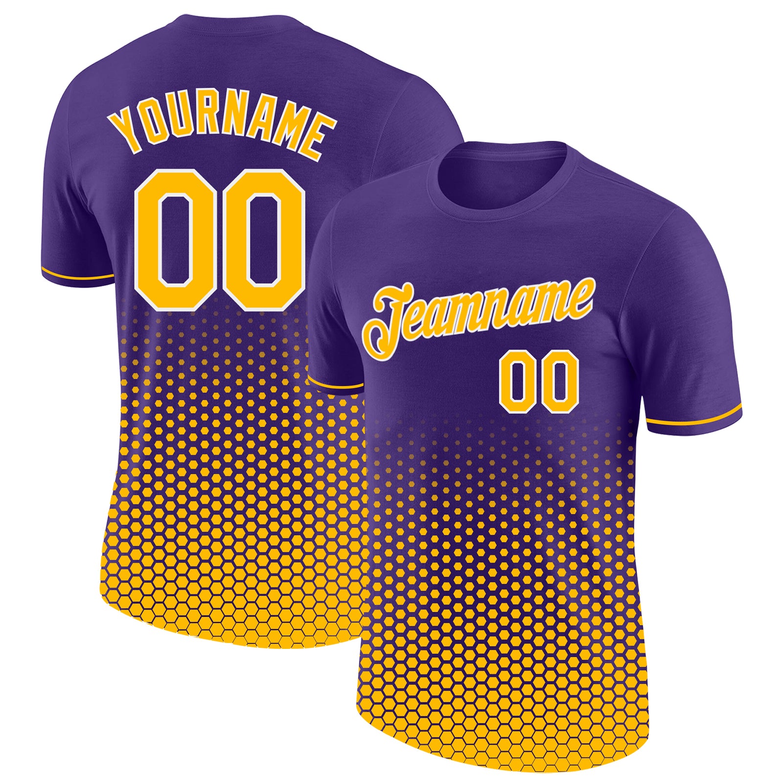 Custom Purple Gold-White Geometric Hexagonal Dot Gradient Performance T-Shirt