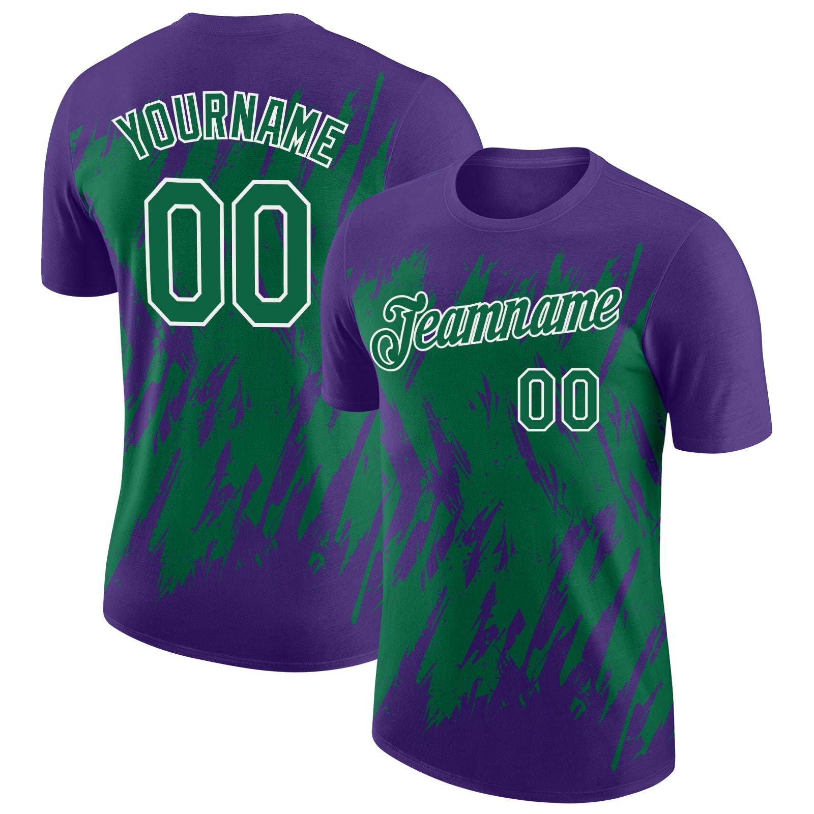 Custom Purple Kelly Green-White Torn Sharp Brush Stroke Splatter Performance T-Shirt