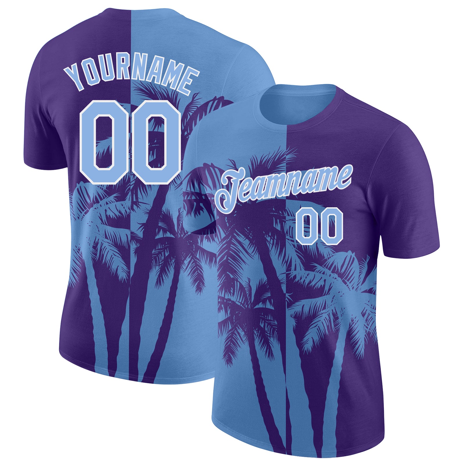 Custom Purple Light Blue-White Hawaii Tropical Coastal Palm Trees Performance T-Shirt