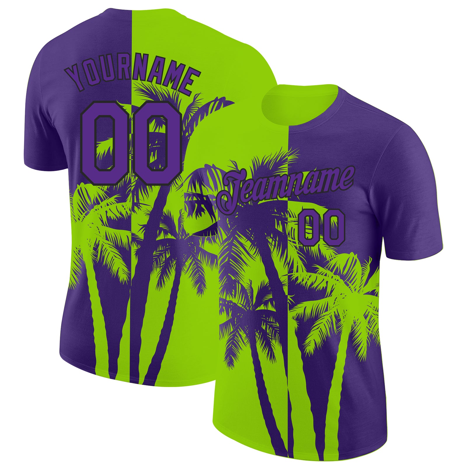 Custom Purple Neon Green-Black Hawaii Tropical Coastal Palm Trees Performance T-Shirt
