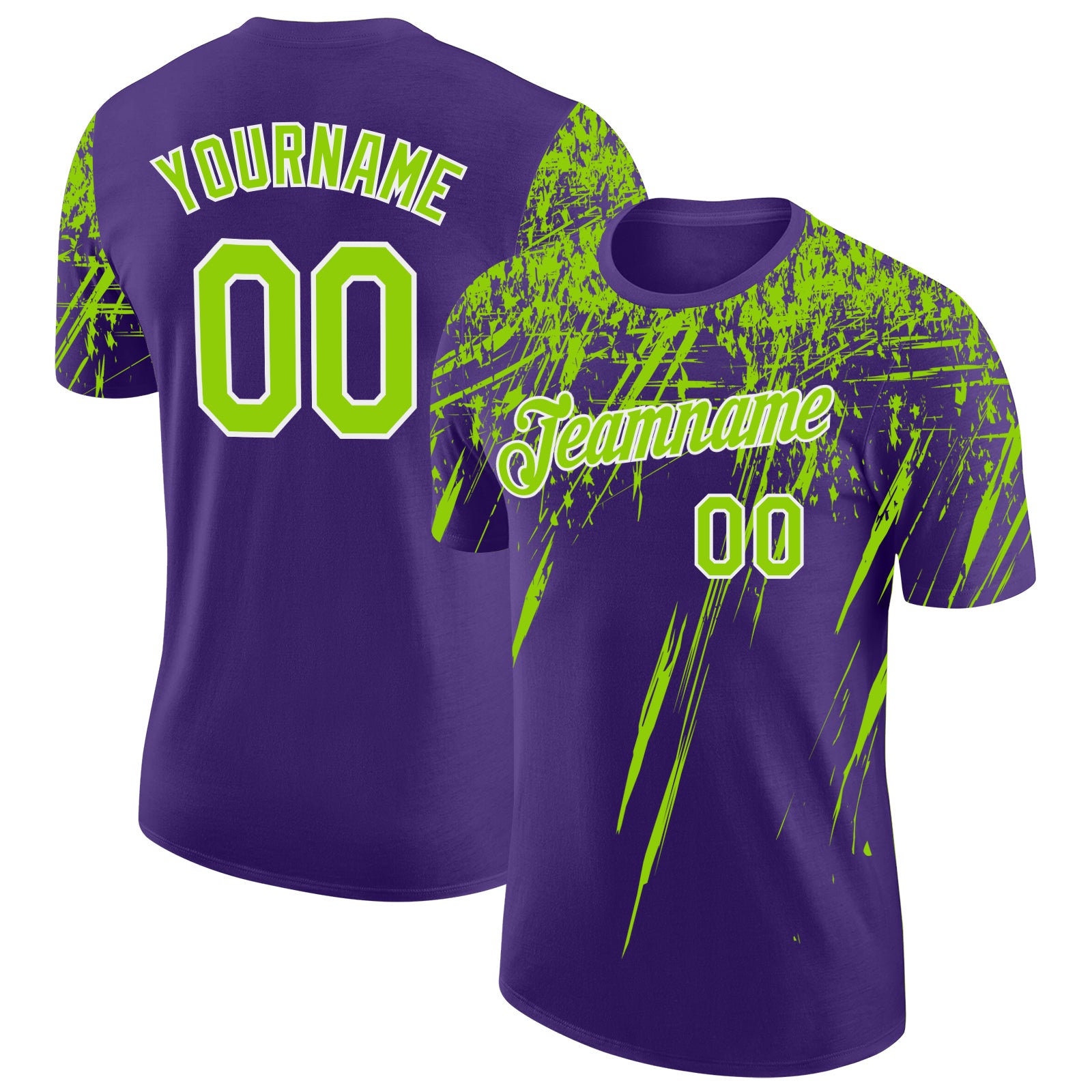 Custom Purple Neon Green-White Distressed Scratch Brush Stroke Performance T-Shirt