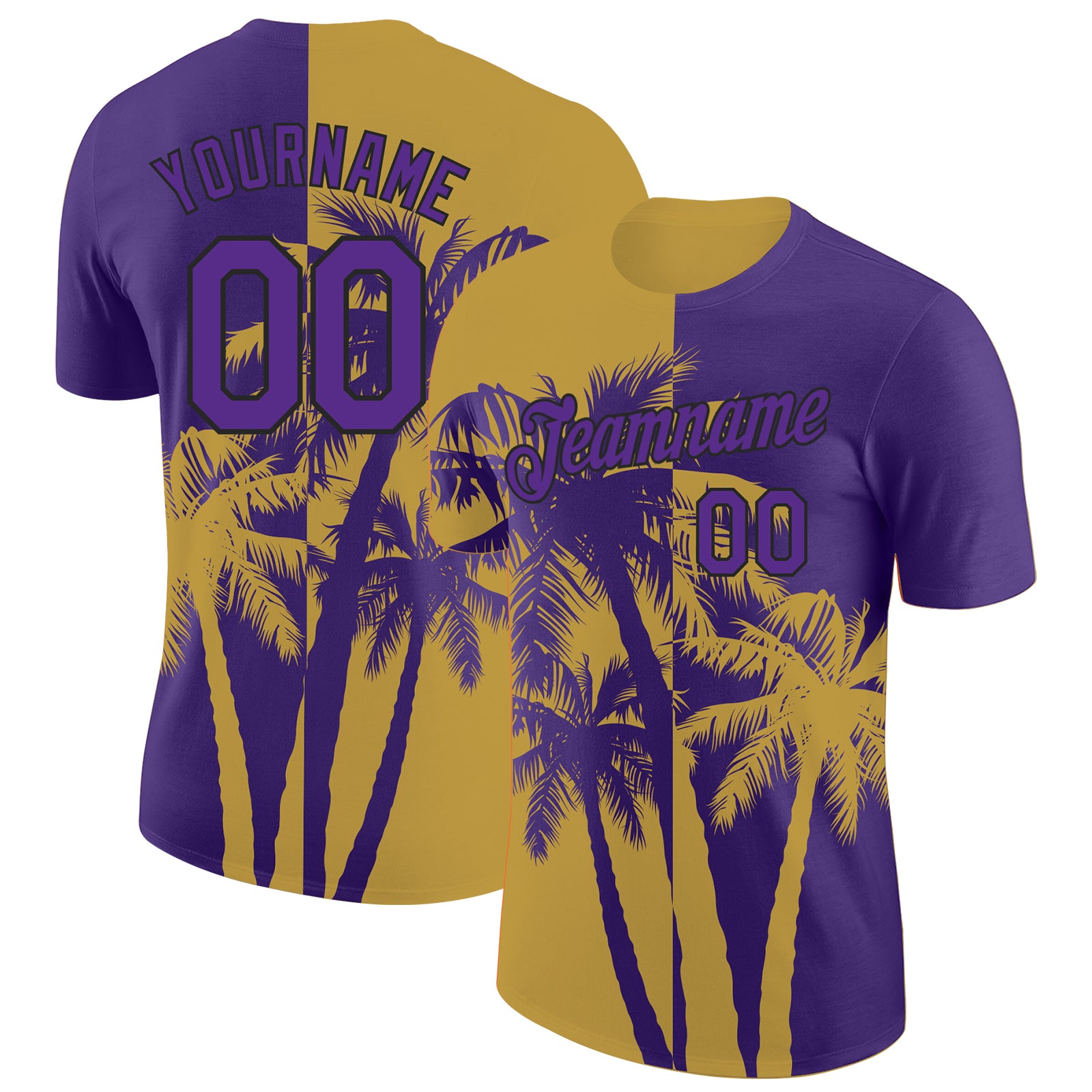 Custom Purple Old Gold-Black Hawaii Tropical Coastal Palm Trees Performance T-Shirt