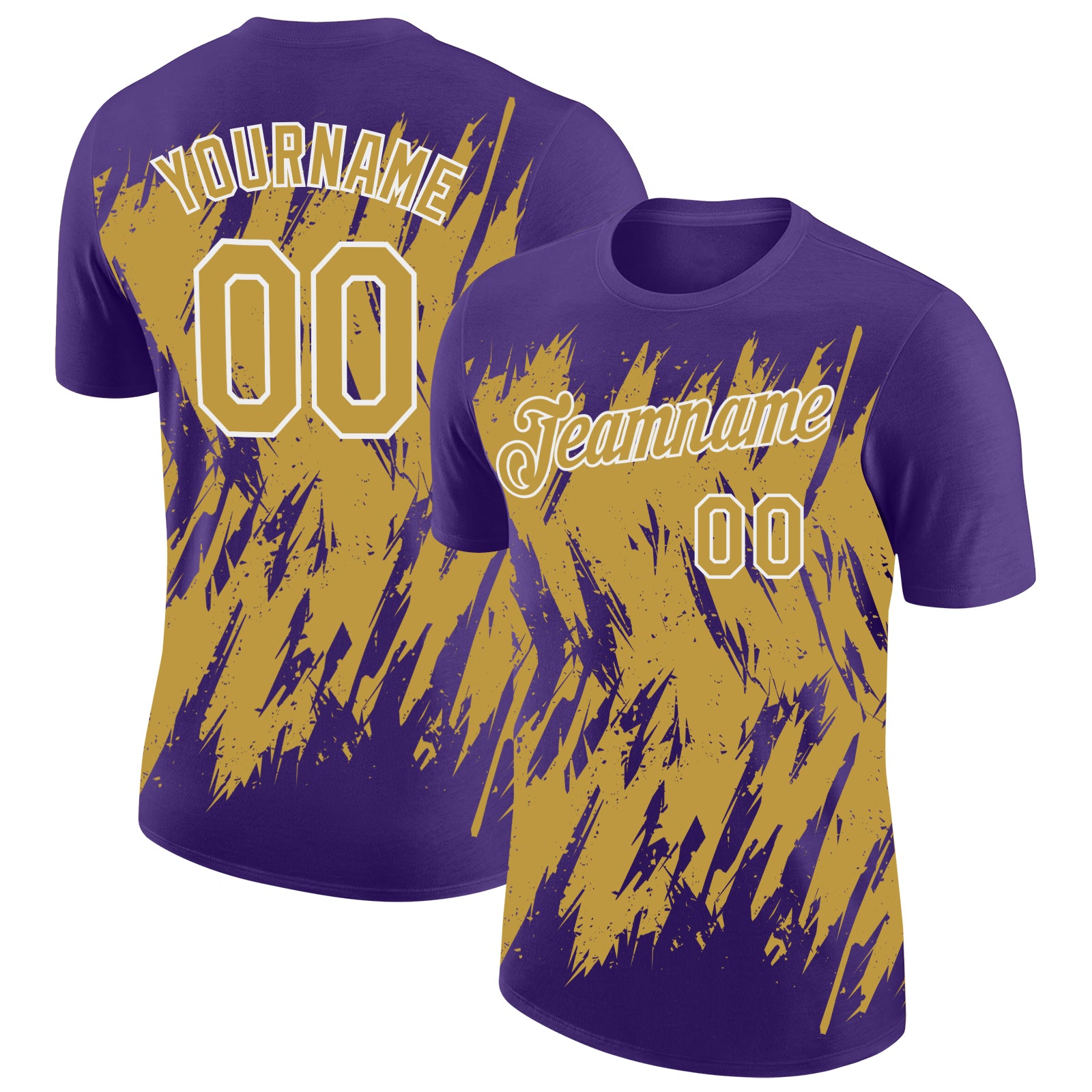 Custom Purple Old Gold-White Torn Sharp Brush Stroke Splatter Performance T-Shirt