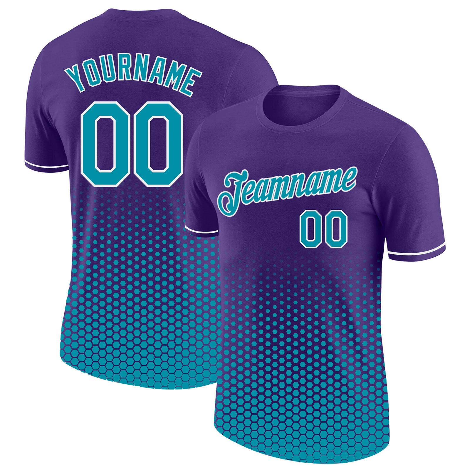 Custom Purple Teal-White Geometric Hexagonal Dot Gradient Performance T-Shirt