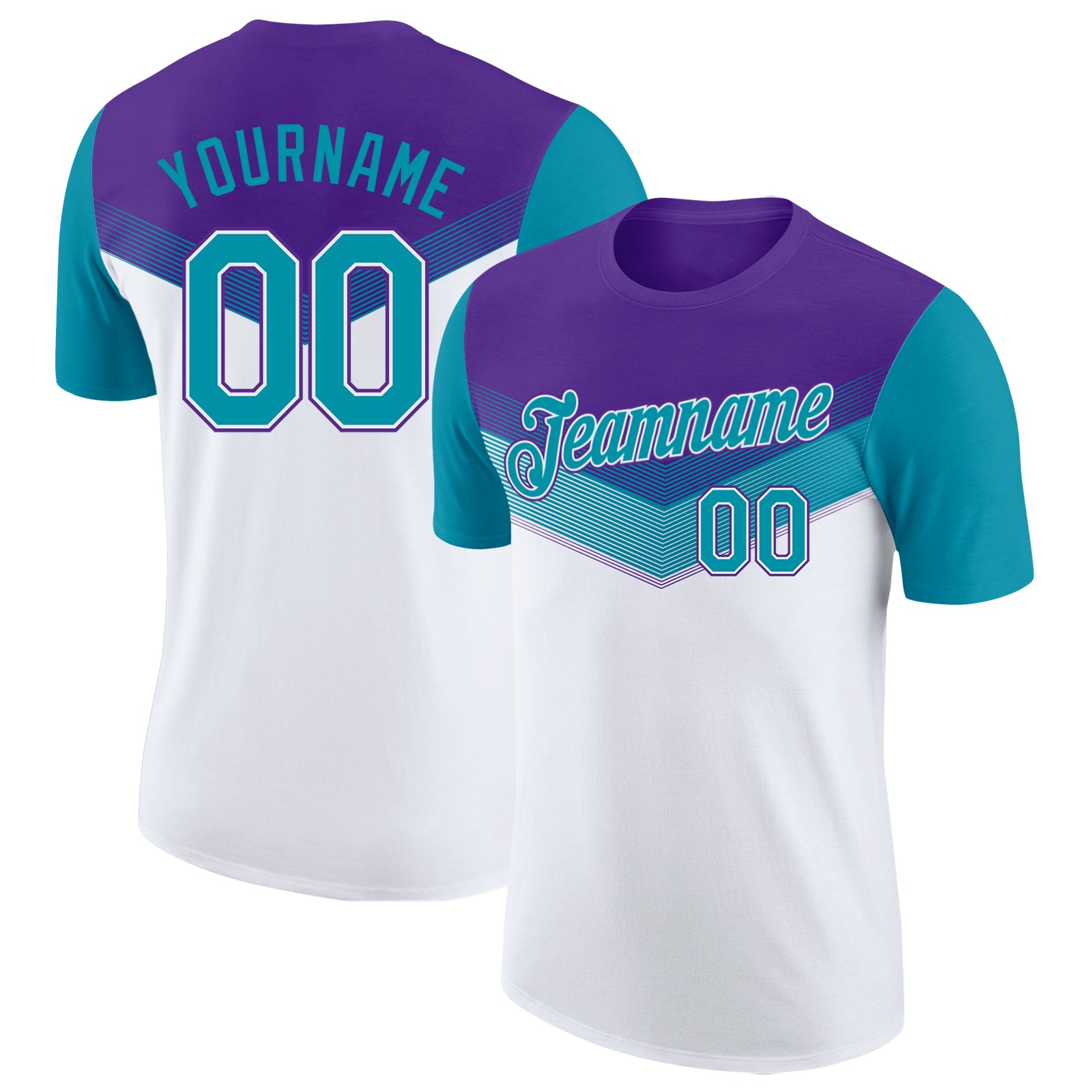 Custom Purple Teal-White Geometric V-Lines Color Block Performance T-Shirt