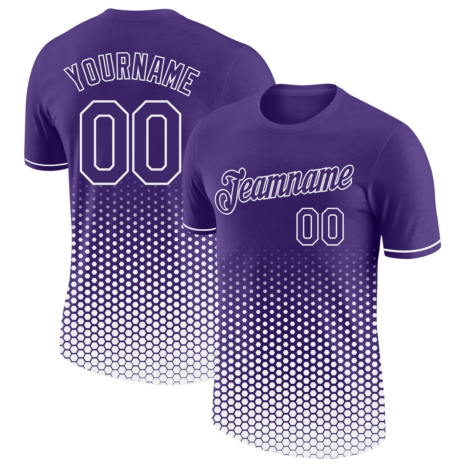 Custom Purple-White Geometric Hexagonal Dot Gradient Performance T-Shirt