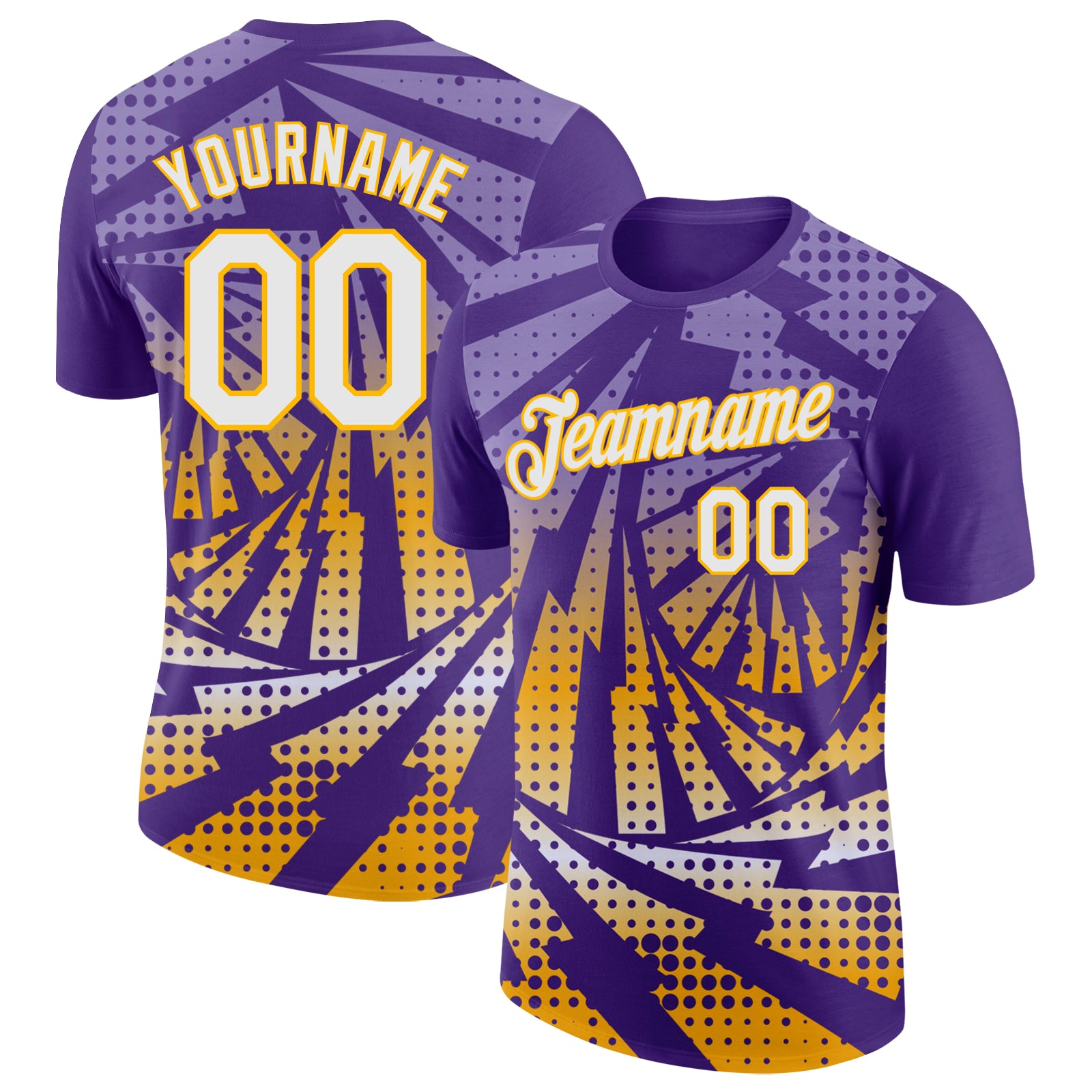 Custom Purple White-Gold Lightning Gradient Dot Performance T-Shirt