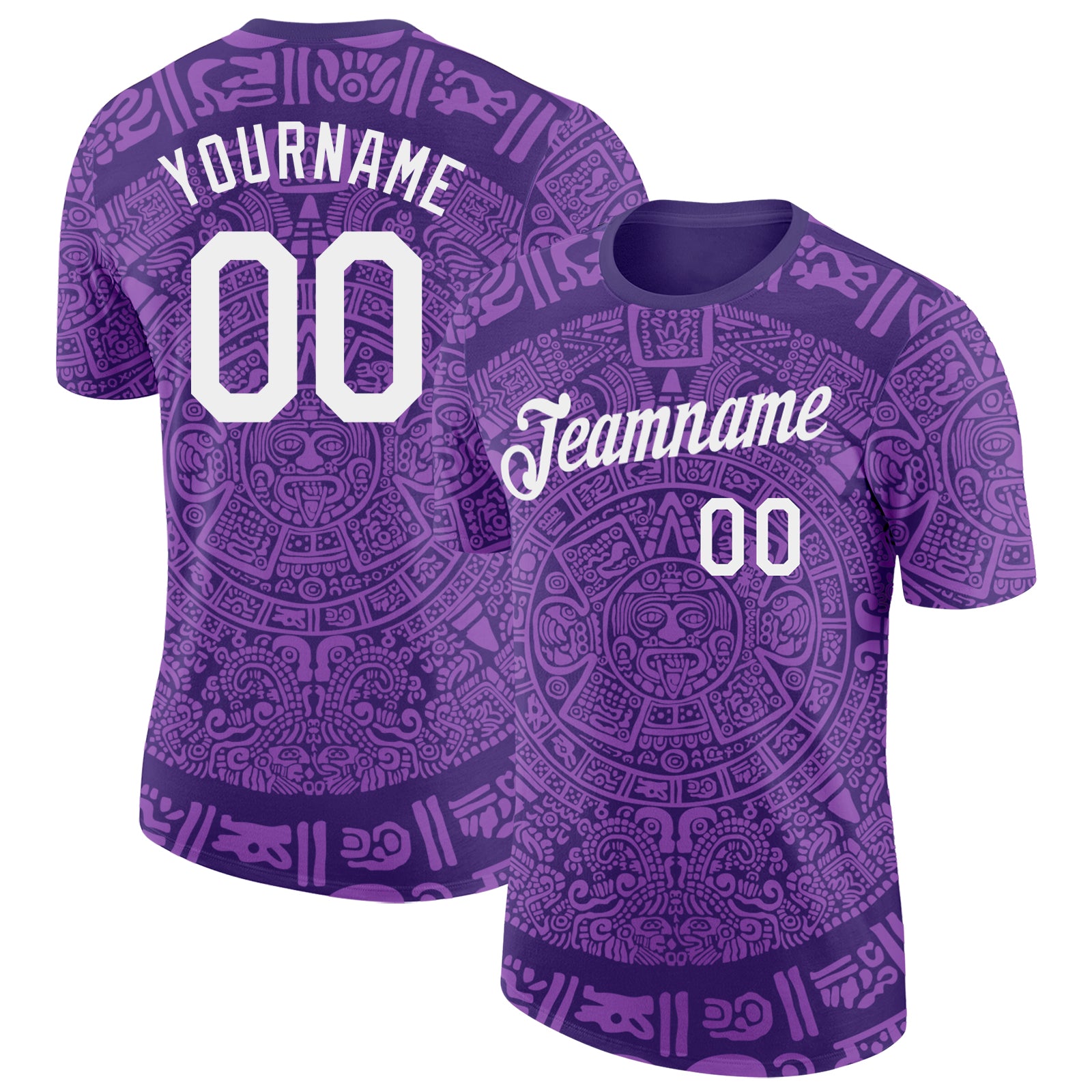 Custom Purple-White Tribal Ethnic Aztec Sun Stone 3D Pattern Performance T-Shirt