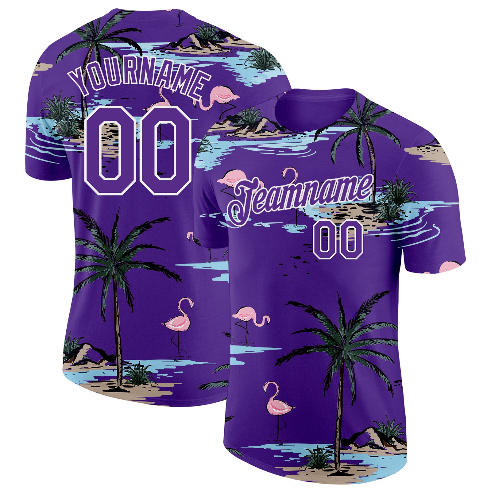 Custom Purple-White Tropical Hawaii Palm Trees Summer Beach Flamingo Performance T-Shirt