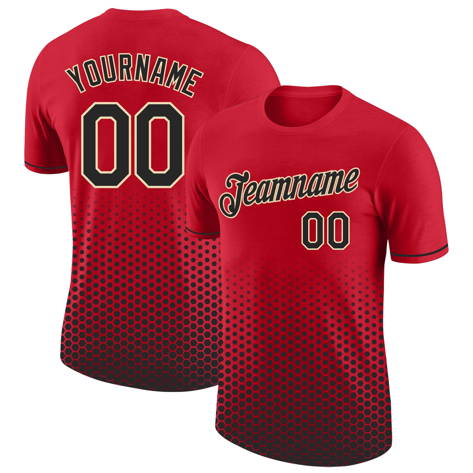 Custom Red Black-Cream Geometric Hexagonal Dot Gradient Performance T-Shirt