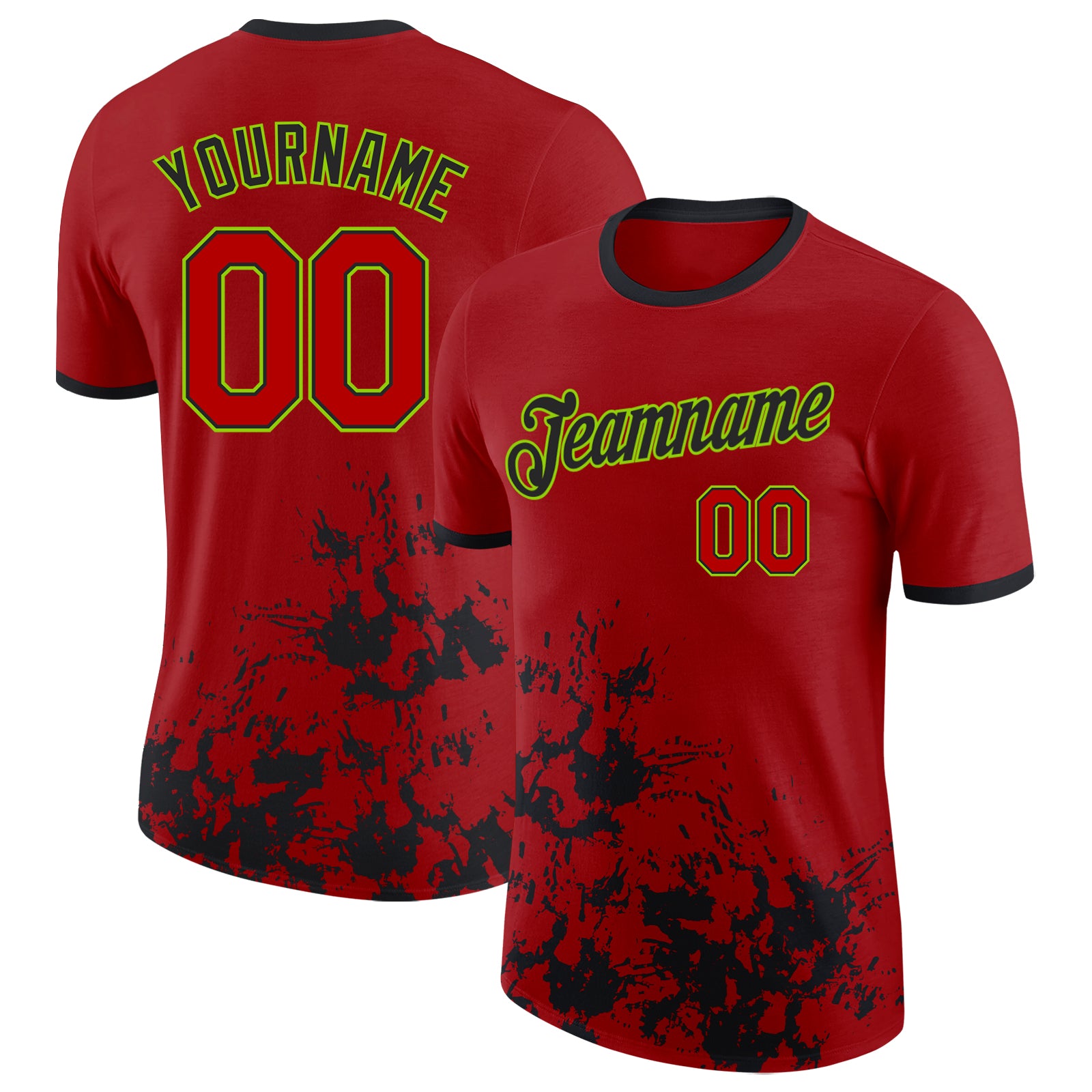 Custom Red Black-Neon Green Brush Stroke Splatter Performance T-Shirt