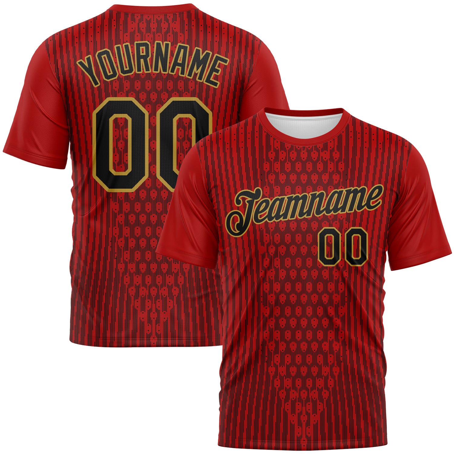 Custom Red Black-Old Gold 3D Pattern Pixel Vertical Stripe Hexagon Performance T-Shirt