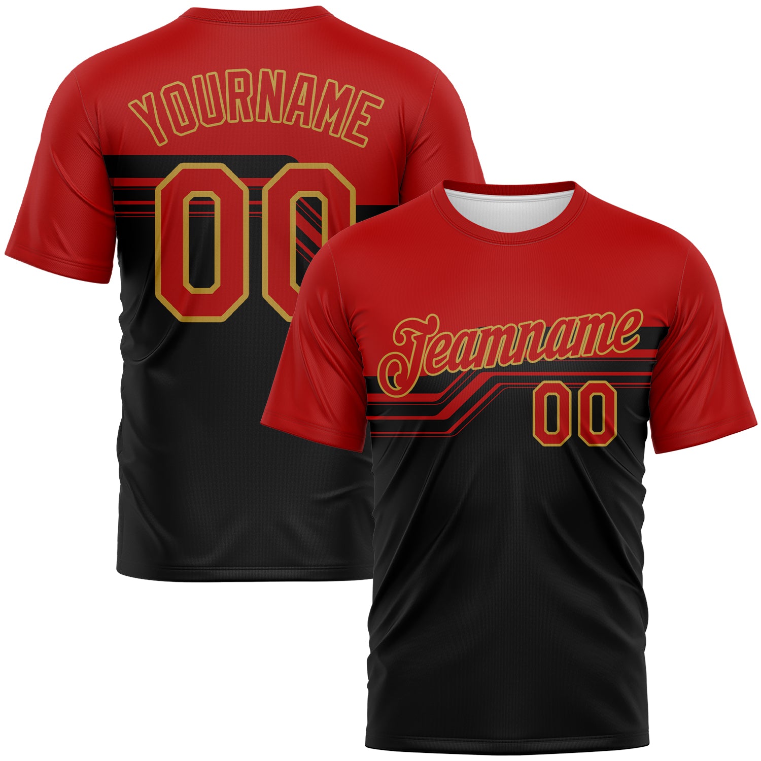 Custom Red Black-Old Gold 3D Pattern Varsity Style Retro Stripe Performance T-Shirt