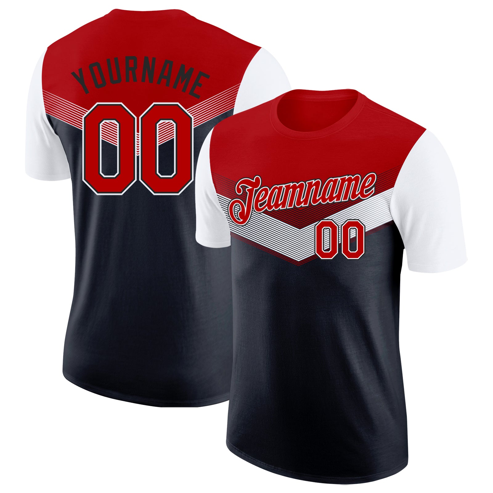 Custom Red Black-White Geometric V-Lines Color Block Performance T-Shirt