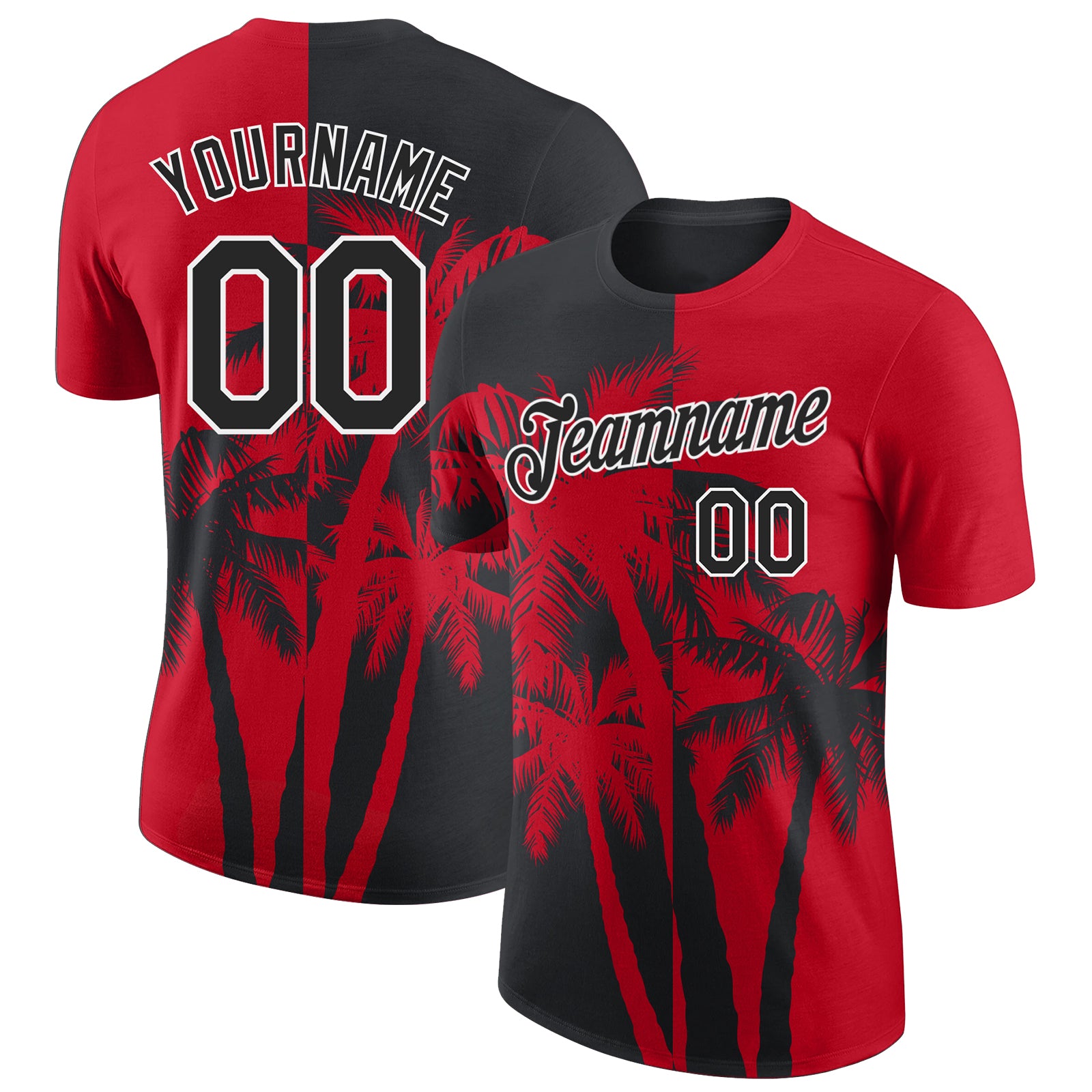 Custom Red Black-White Hawaii Tropical Coastal Palm Trees Performance T-Shirt