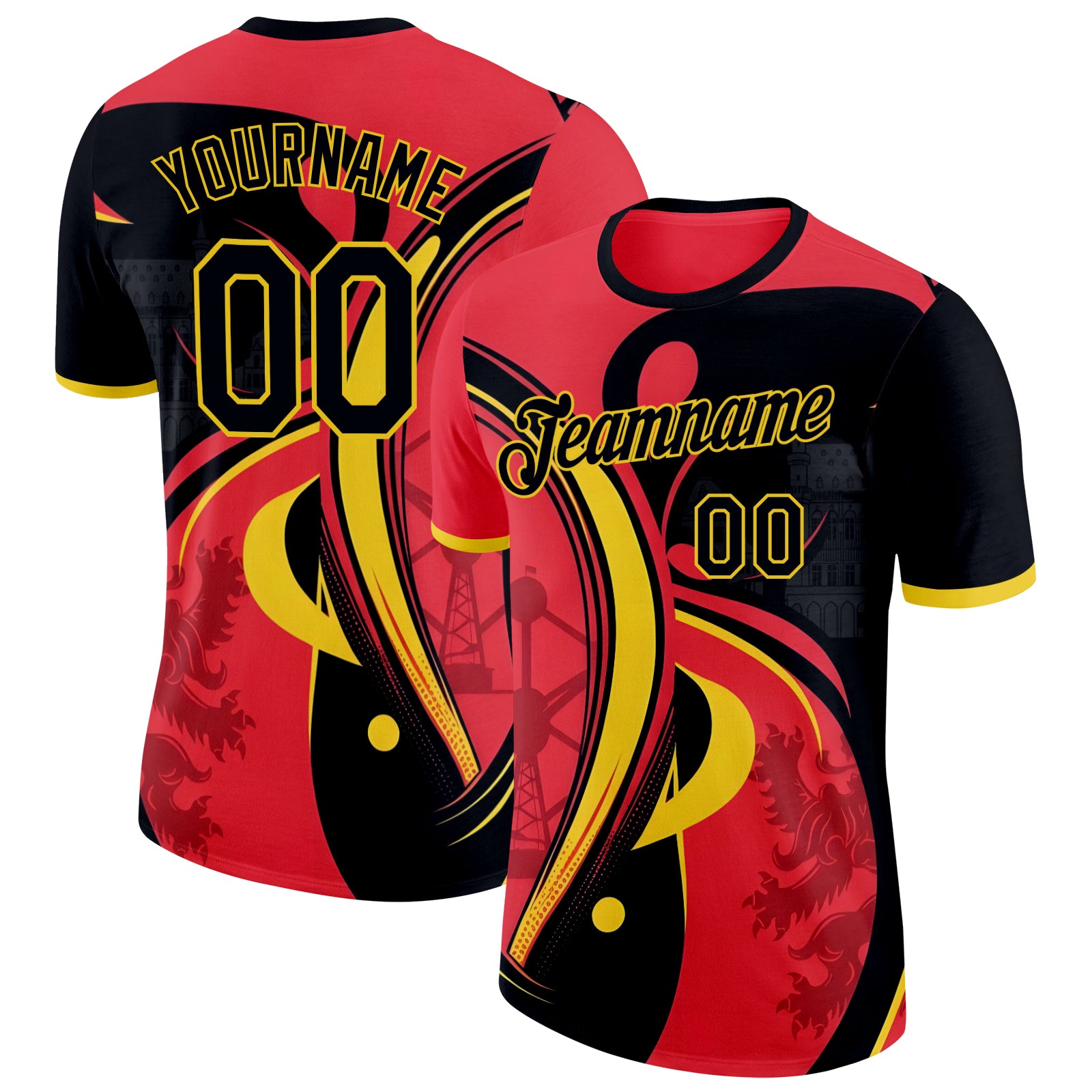 Custom Red Black-Yellow Belgium Abstract Performance T-Shirt