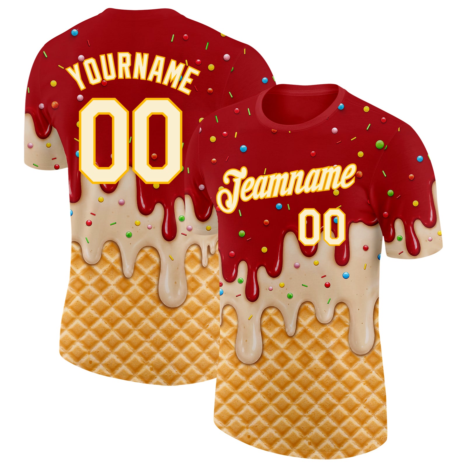 Custom Red Cream-Gold Ice Cream Waffle Foodie Dessert Performance T-Shirt