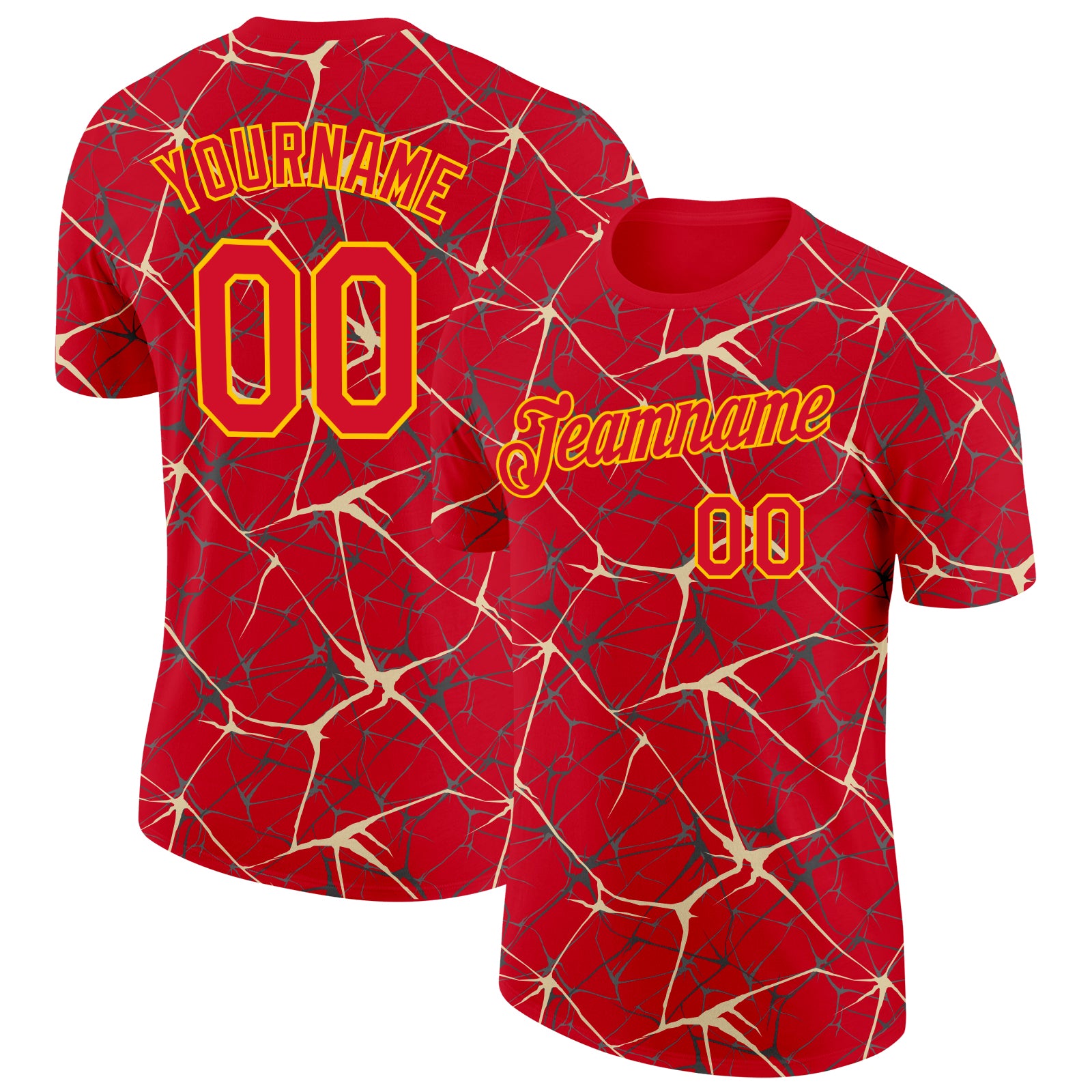 Custom Red Cream Gray-Yellow Abstract Network Crackle Performance T-Shirt