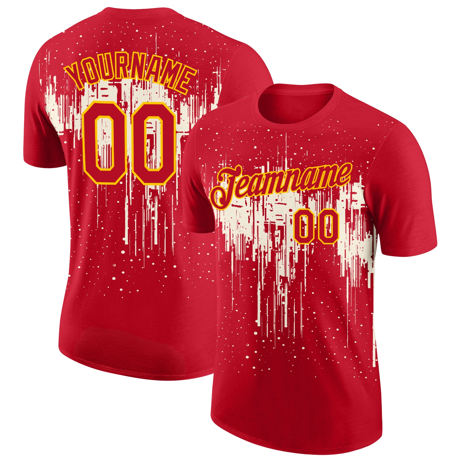Custom Red Cream-Yellow Dripping Splatter Paint Performance T-Shirt