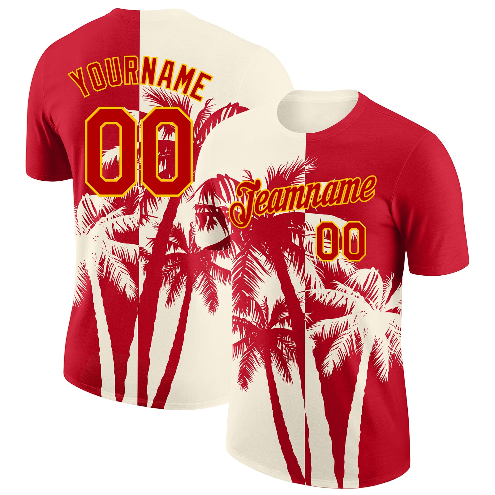 Custom Red Cream-Yellow Hawaii Tropical Coastal Palm Trees Performance T-Shirt