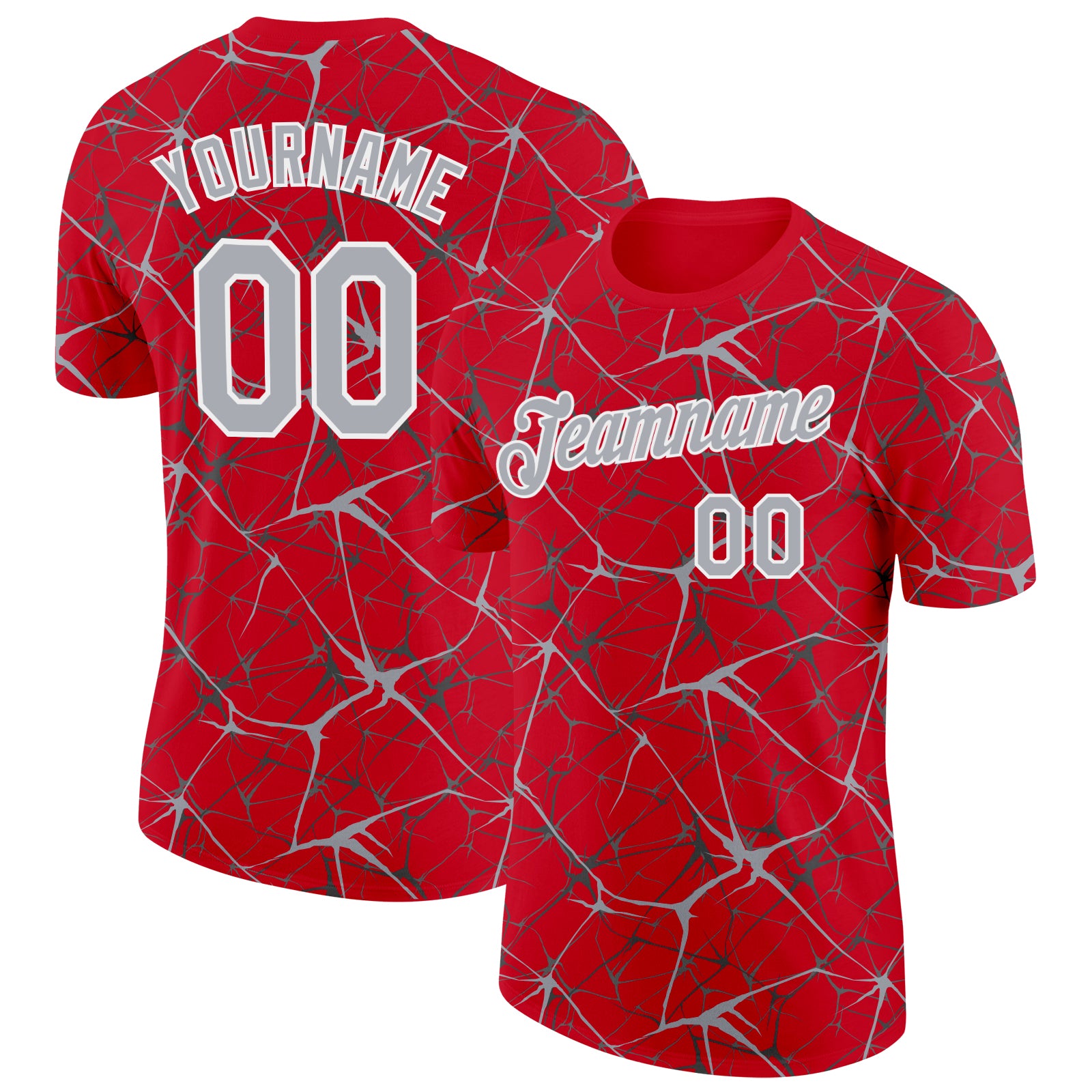 Custom Red Gray-White Abstract Network Crackle Performance T-Shirt