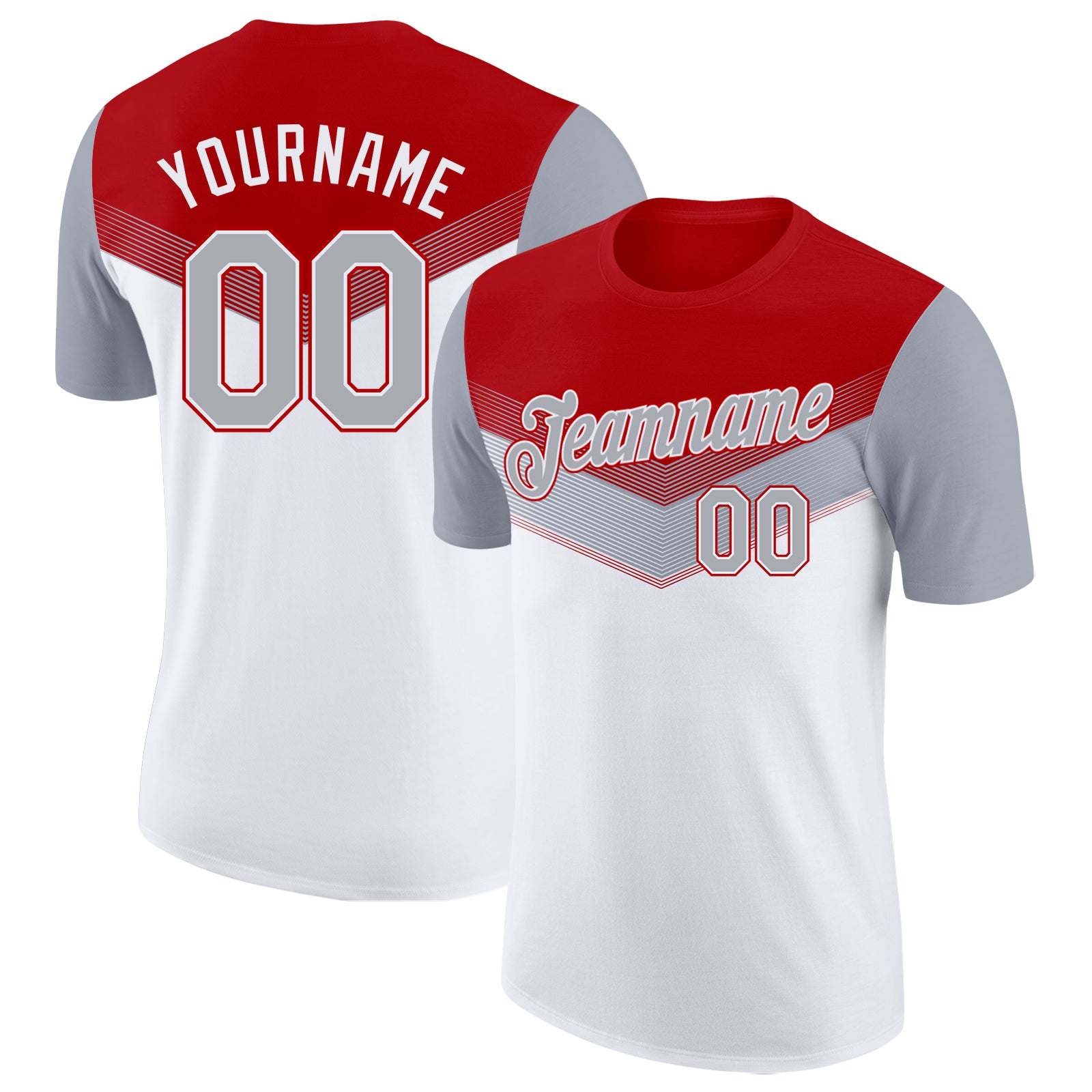 Custom Red Gray-White Geometric V-Lines Color Block Performance T-Shirt