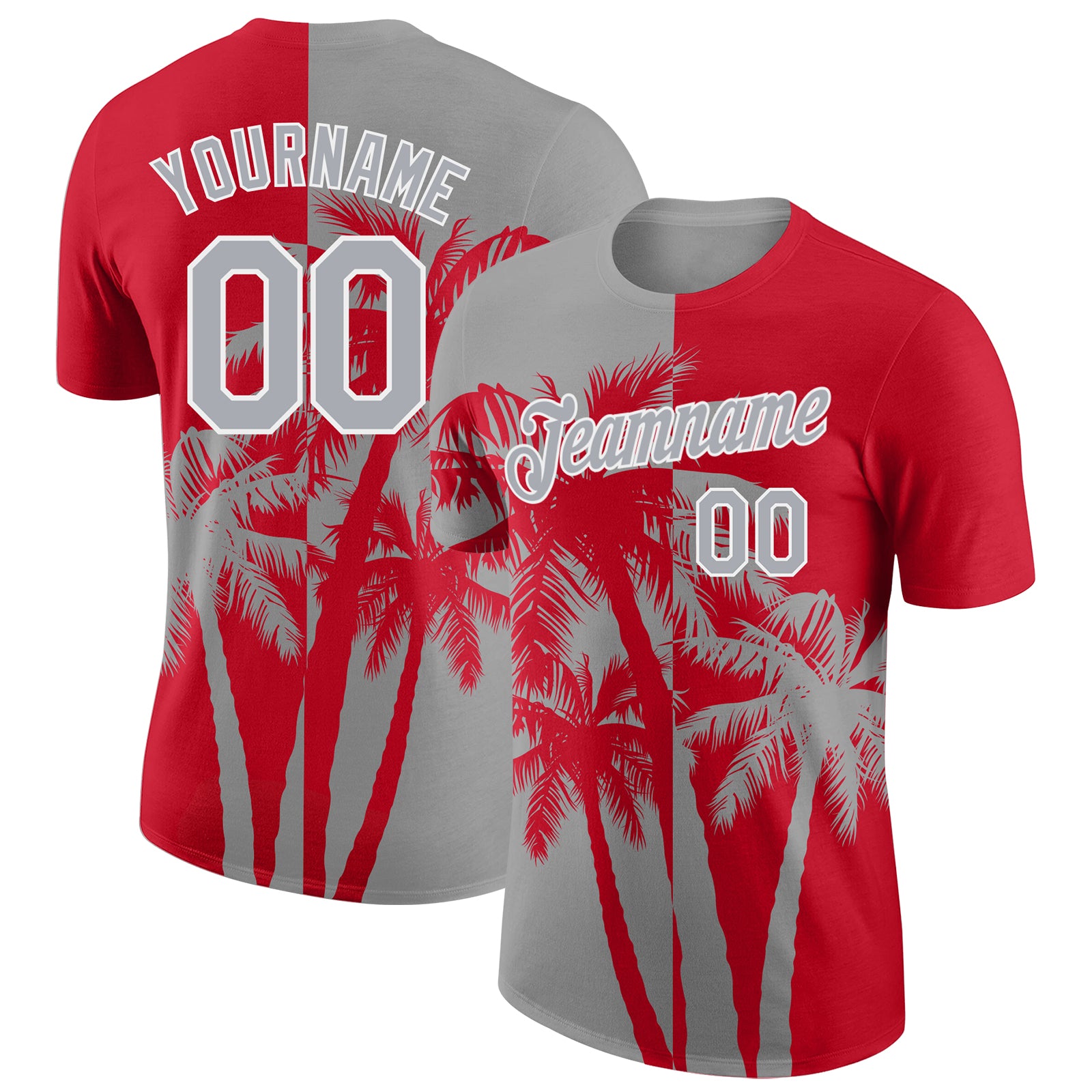 Custom Red Gray-White Hawaii Tropical Coastal Palm Trees Performance T-Shirt