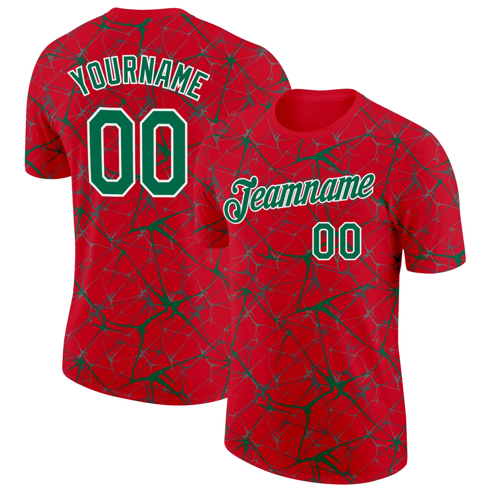 Custom Red Kelly Green Gray-White Abstract Network Crackle Performance T-Shirt