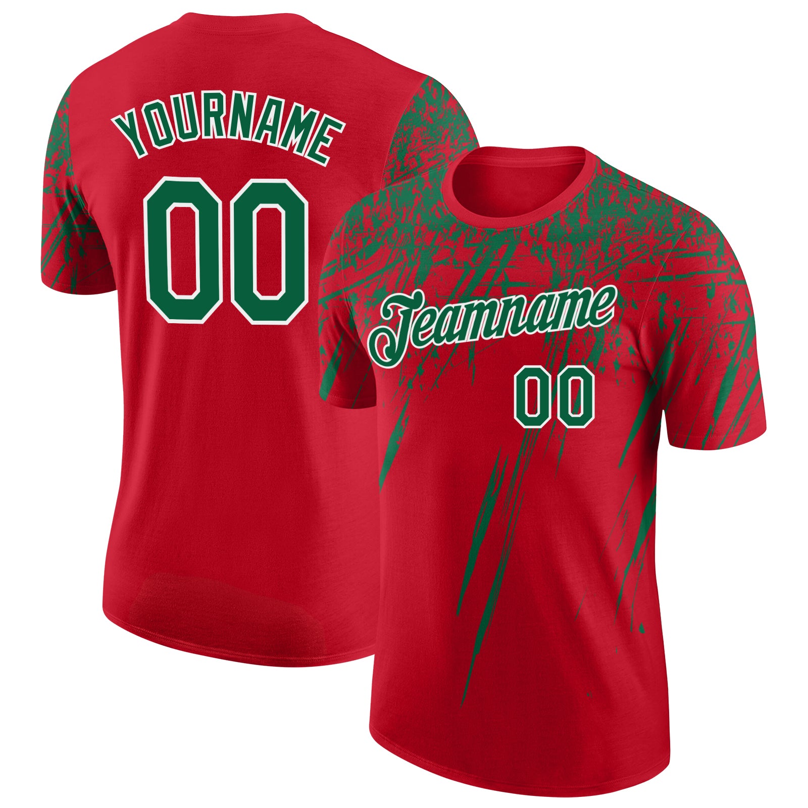 Custom Red Kelly Green-White Distressed Scratch Brush Stroke Performance T-Shirt