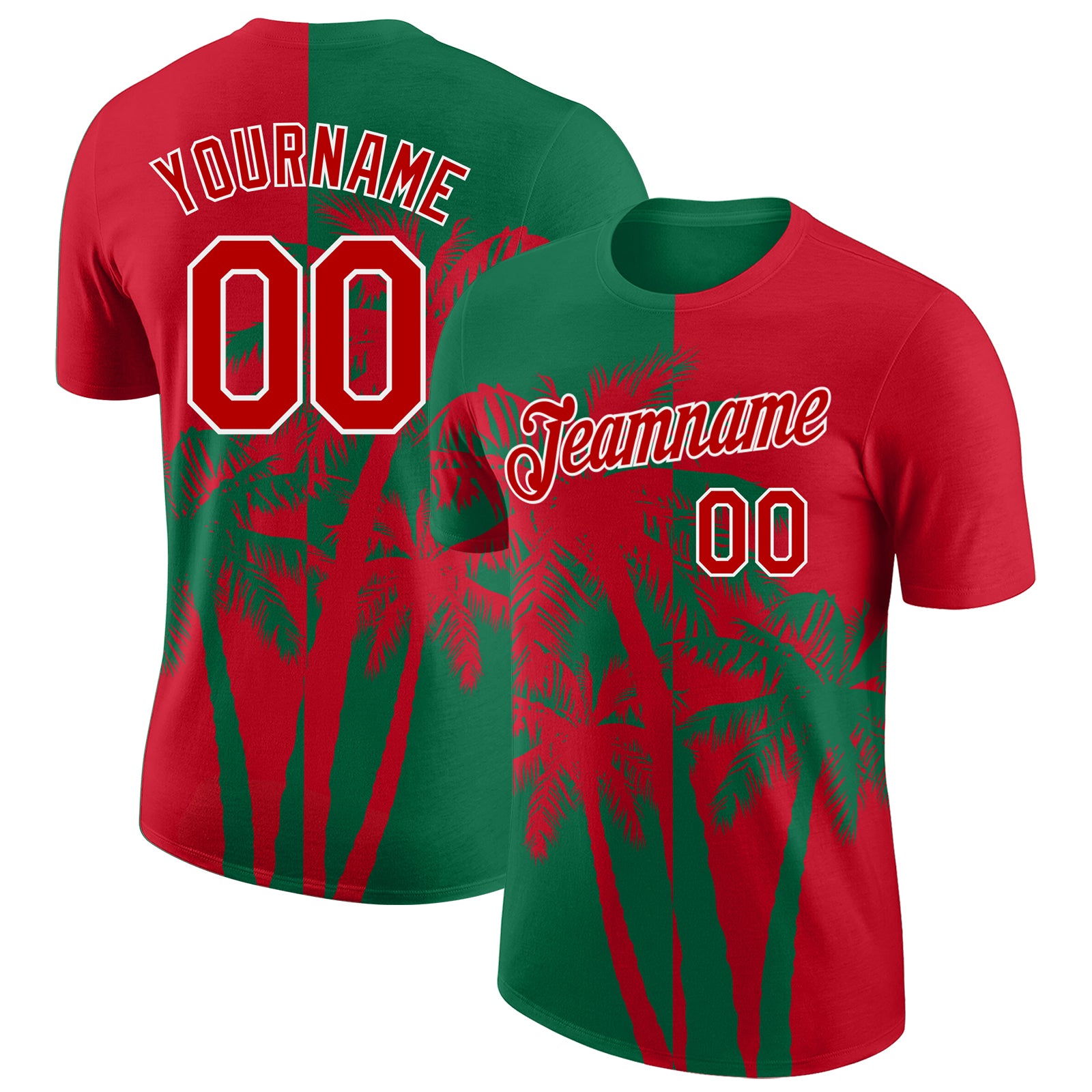 Custom Red Kelly Green-White Hawaii Tropical Coastal Palm Trees Performance T-Shirt