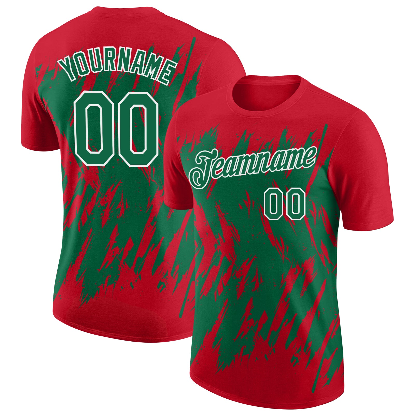 Custom Red Kelly Green-White Torn Sharp Brush Stroke Splatter Performance T-Shirt