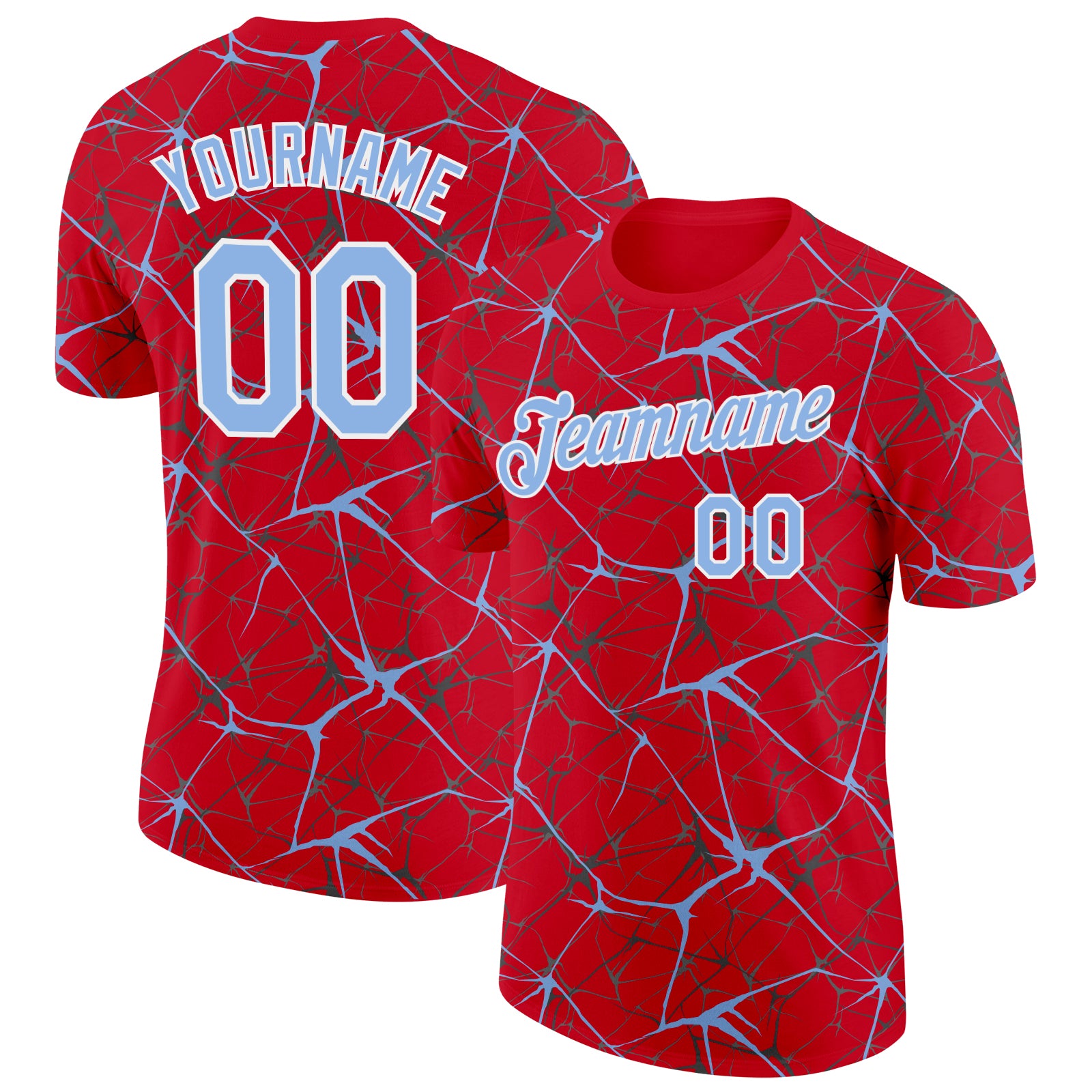 Custom Red Light Blue Gray-White Abstract Network Crackle Performance T-Shirt
