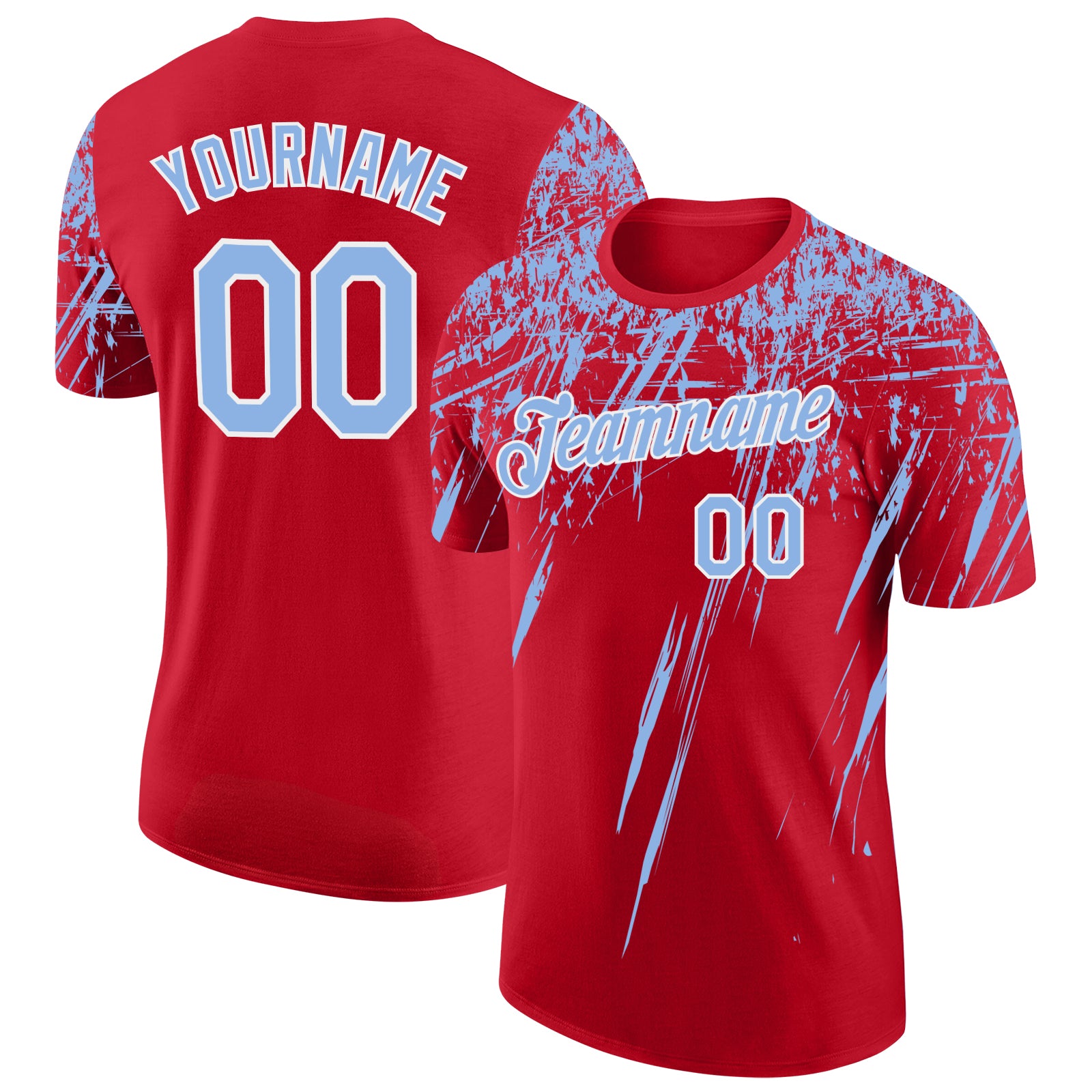 Custom Red Light Blue-White Distressed Scratch Brush Stroke Performance T-Shirt
