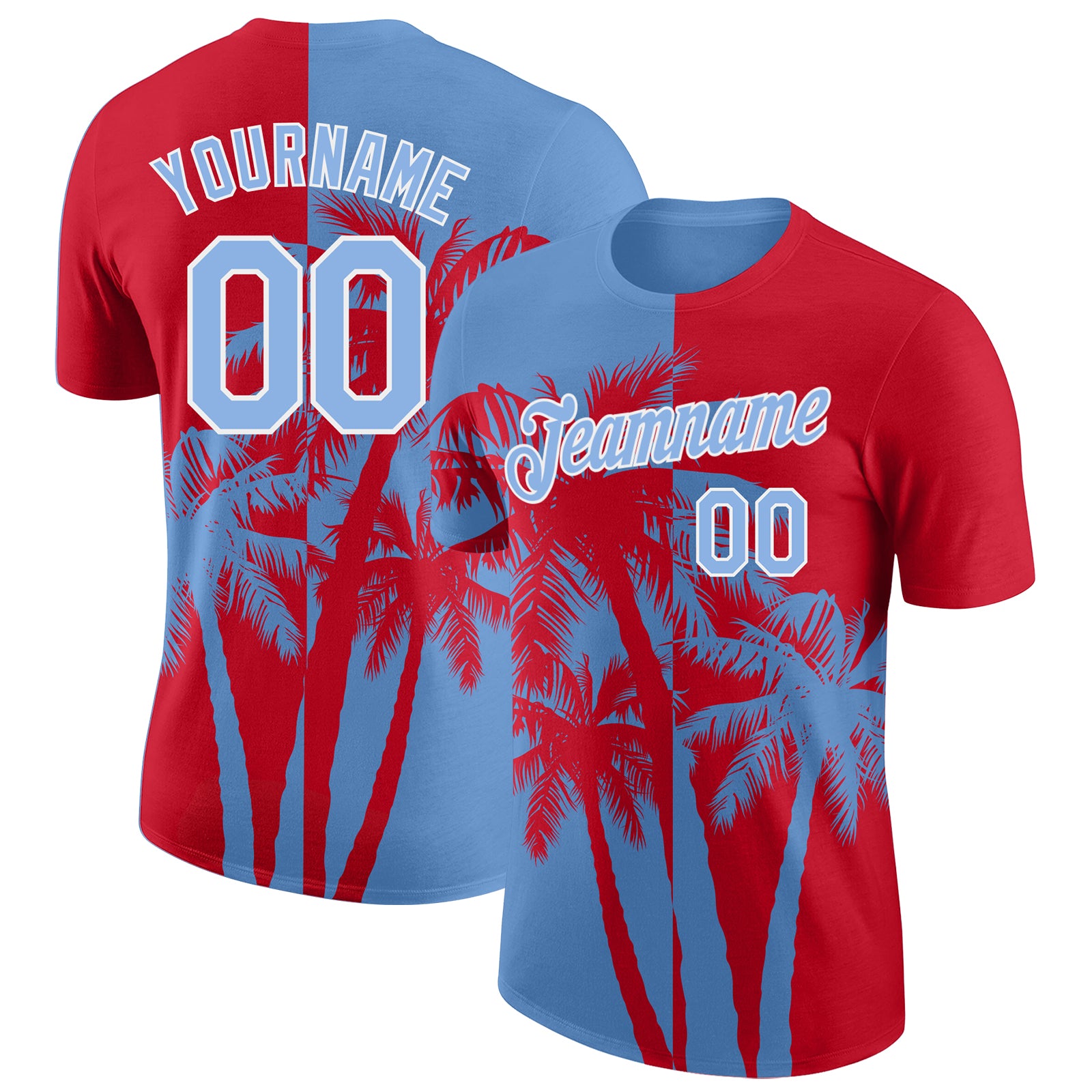 Custom Red Light Blue-White Hawaii Tropical Coastal Palm Trees Performance T-Shirt